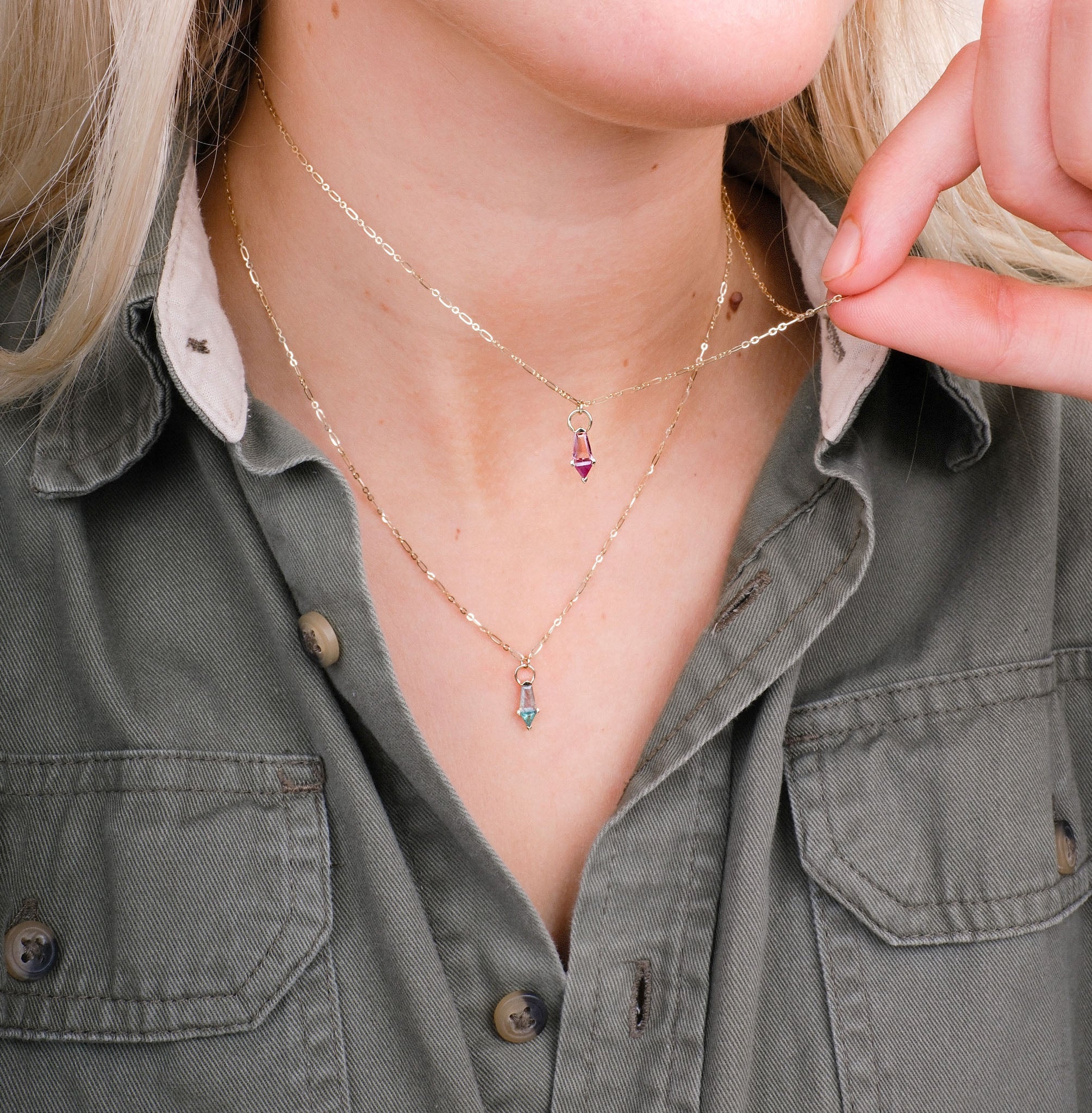 PRISM tourmaline and sapphire Gold Pendant Necklace by Metier at ethical jewellery E.C.One London