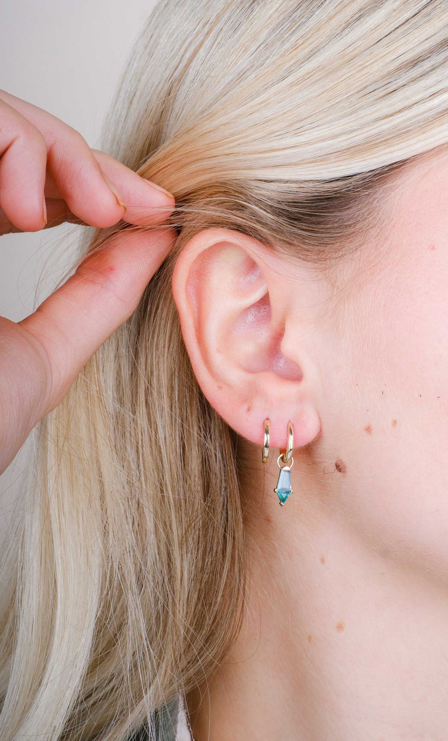 PRISM Labradorite and Emerald Gold earrings by Metier at ethical jewellery E.C.One London