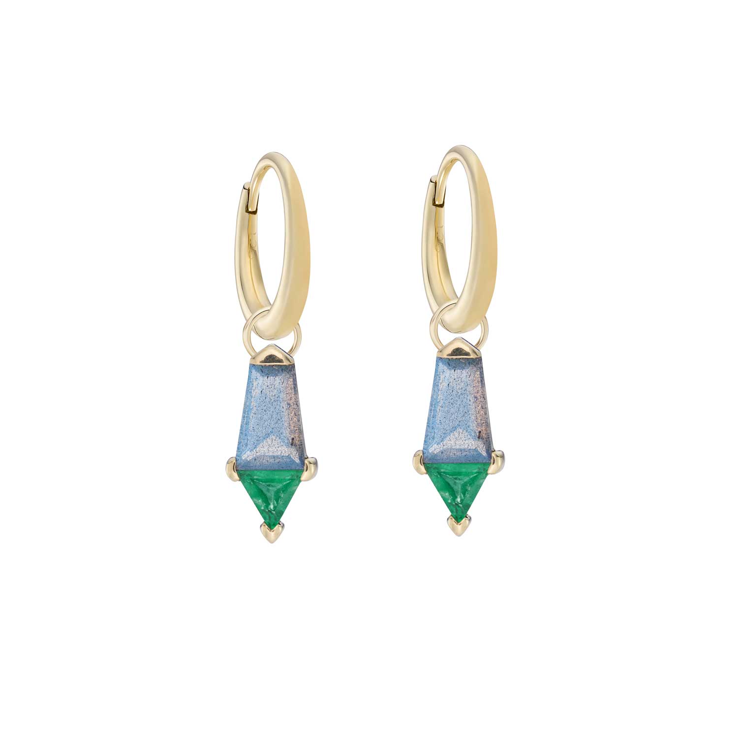 PRISM Labradorite and Emerald Gold earrings by Metier at ethical jewellery E.C.One London