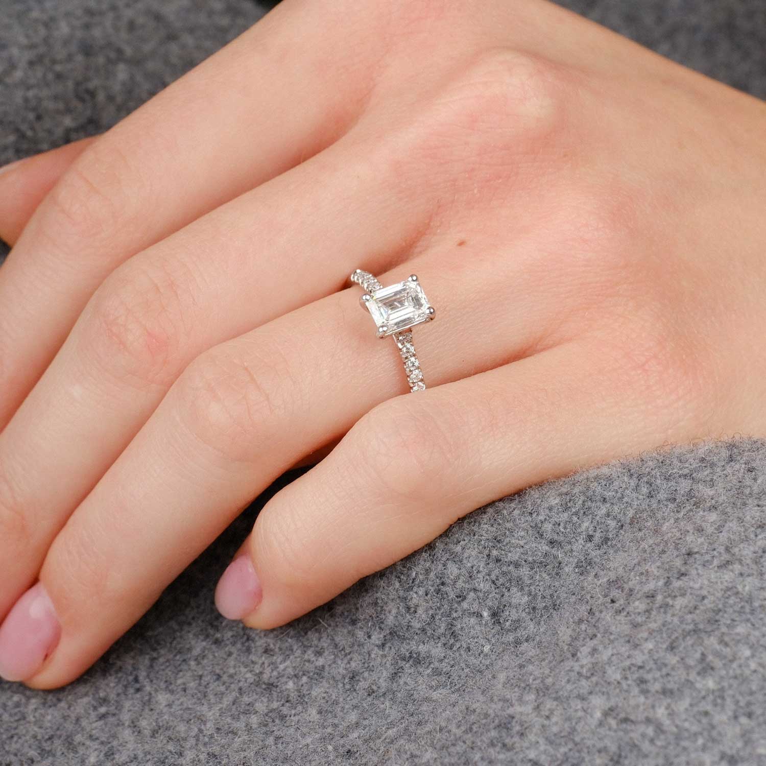 EC One's ethical Nancy emerald cut diamond engagement ring made in London in our B Corp certified workshop