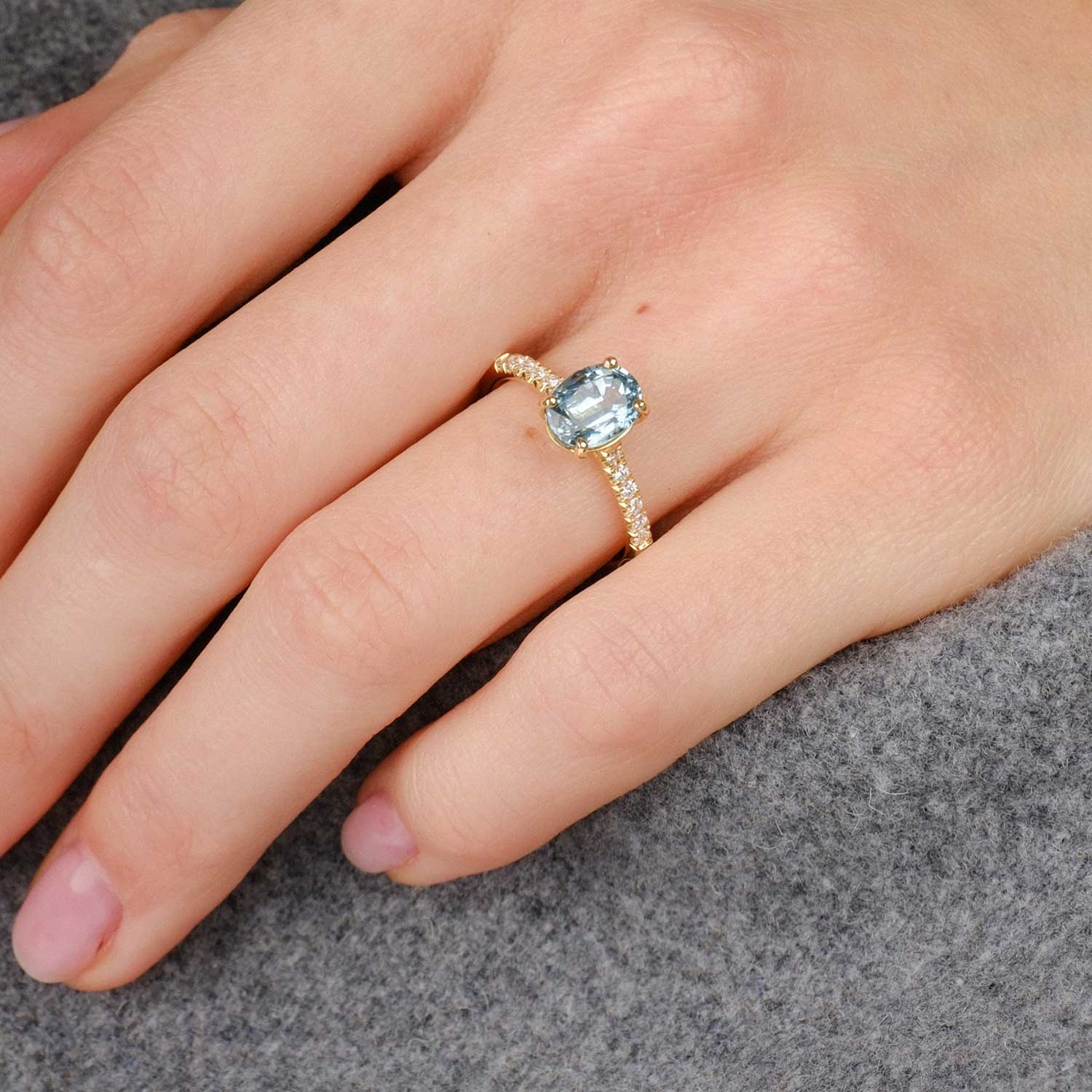 E.C.One ethical NANCY Oval Teal-Blue Sapphire and Diamond recycled gold engagement Ring handmade in our London B Corp certified workshop