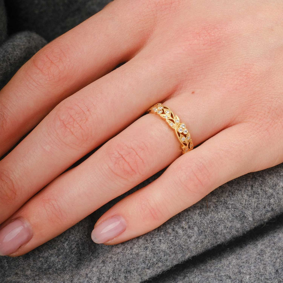 Narrow Cherry Floral Gold and Diamond Ring
