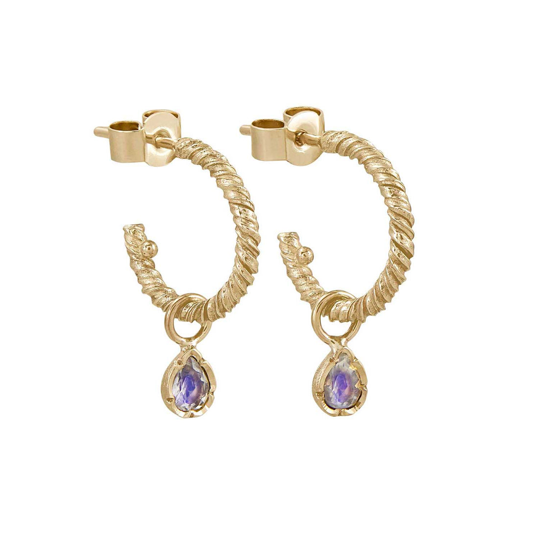 Pair Gold Twist Hoop Earrings with Pear-Shaped Moonstone Drops by Natalie Perry at E.C.One London
