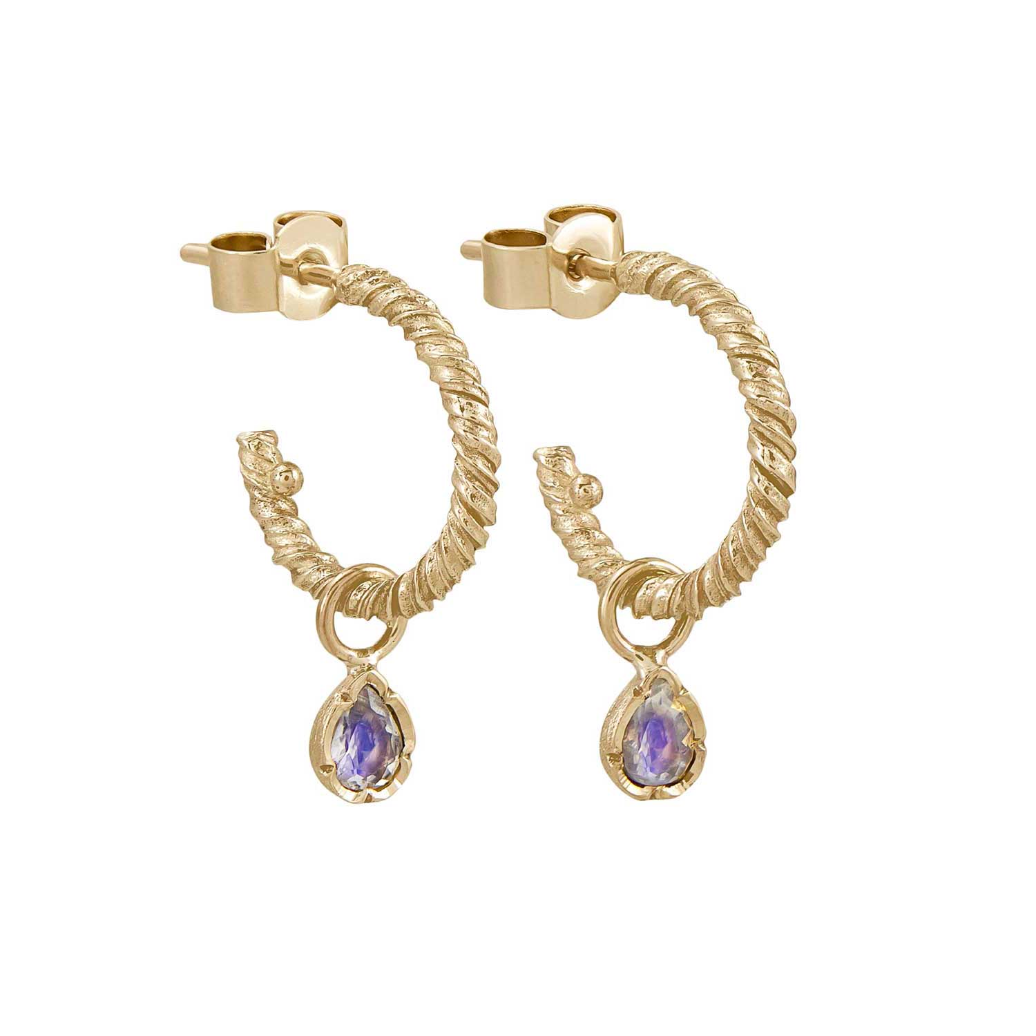 Pair Gold Twist Hoop Earrings with Pear-Shaped Moonstone Drops by Natalie Perry at E.C.One London