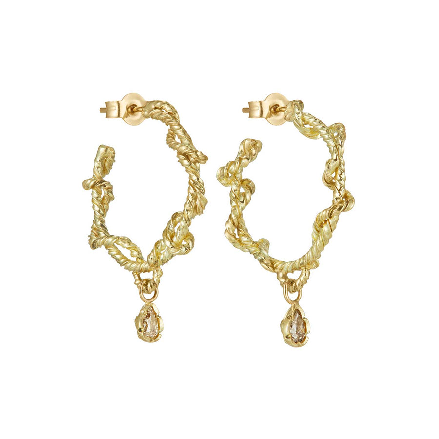 Pair Gold Double Twist Hoop Earrings with Pear-Shaped Diamond Drops