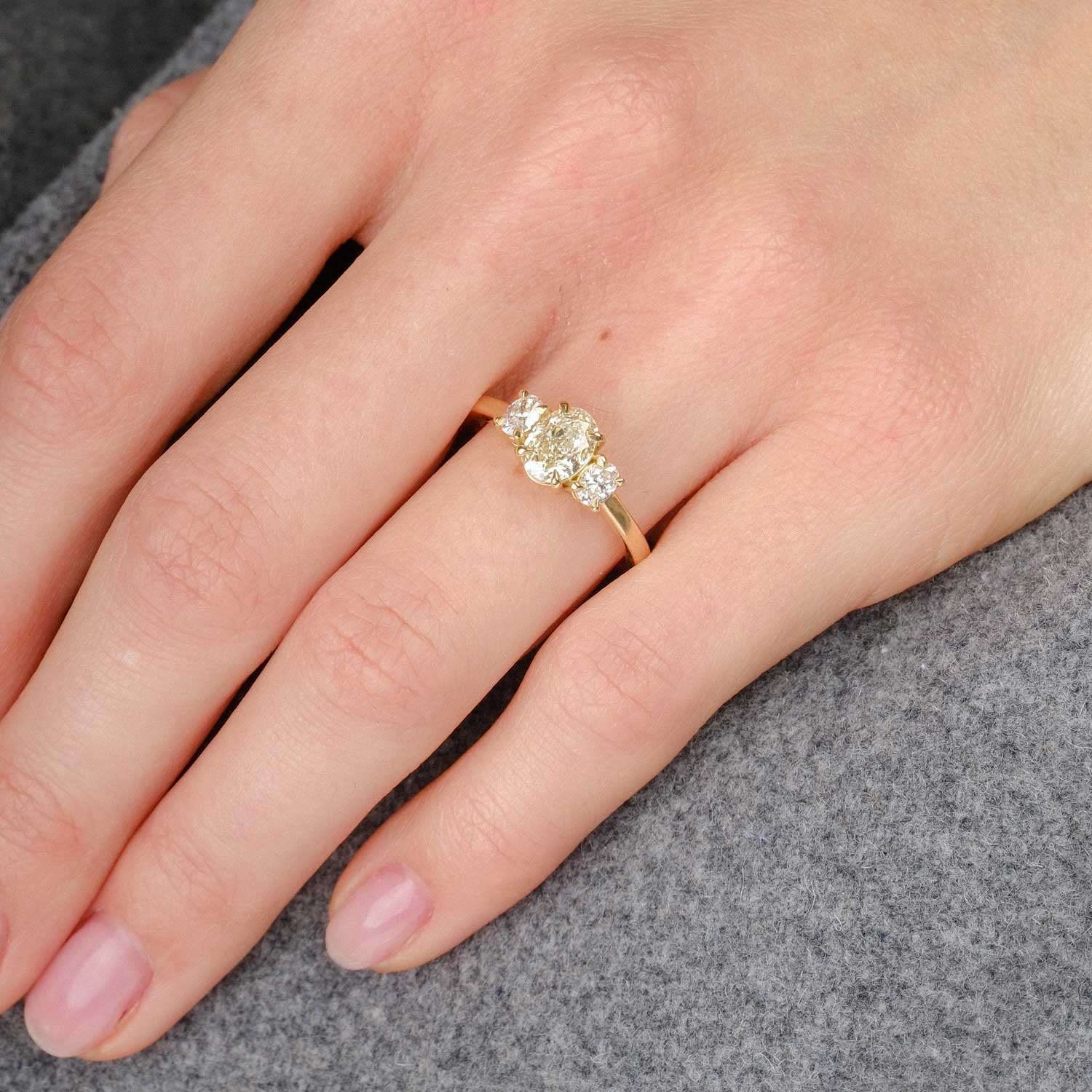 OTTILIE Oval Light Yellow Diamond Yellow Gold Trilogy Engagement Ring Made by ethical jeweller E.C.One London in our B Corp certified workshop