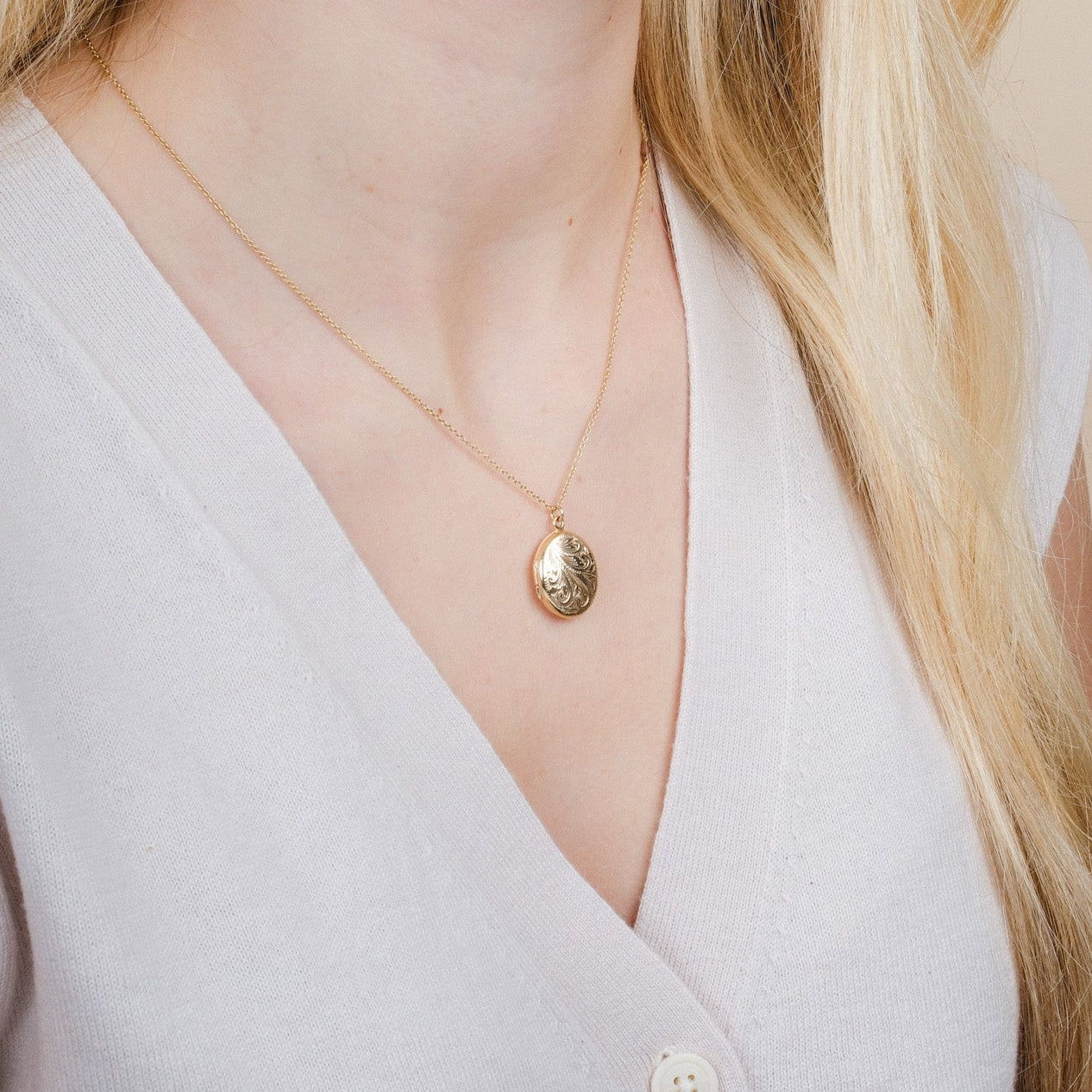 Oval Engraved Gold Locket Necklace