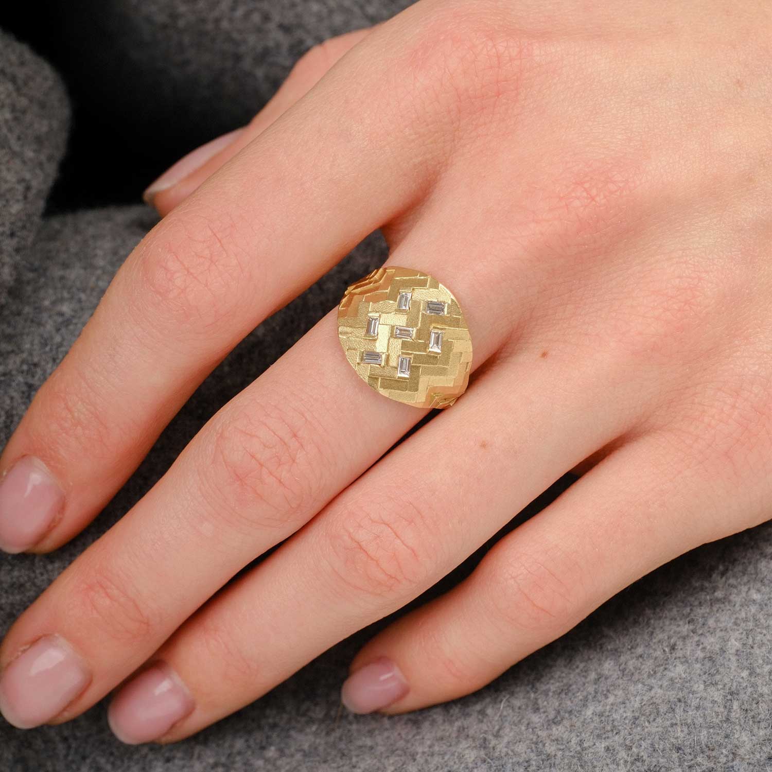 Jo Hayes Ward at ethical jeweller E.C.One PARQUET Small Shield Ring Yellow Gold with Diamonds