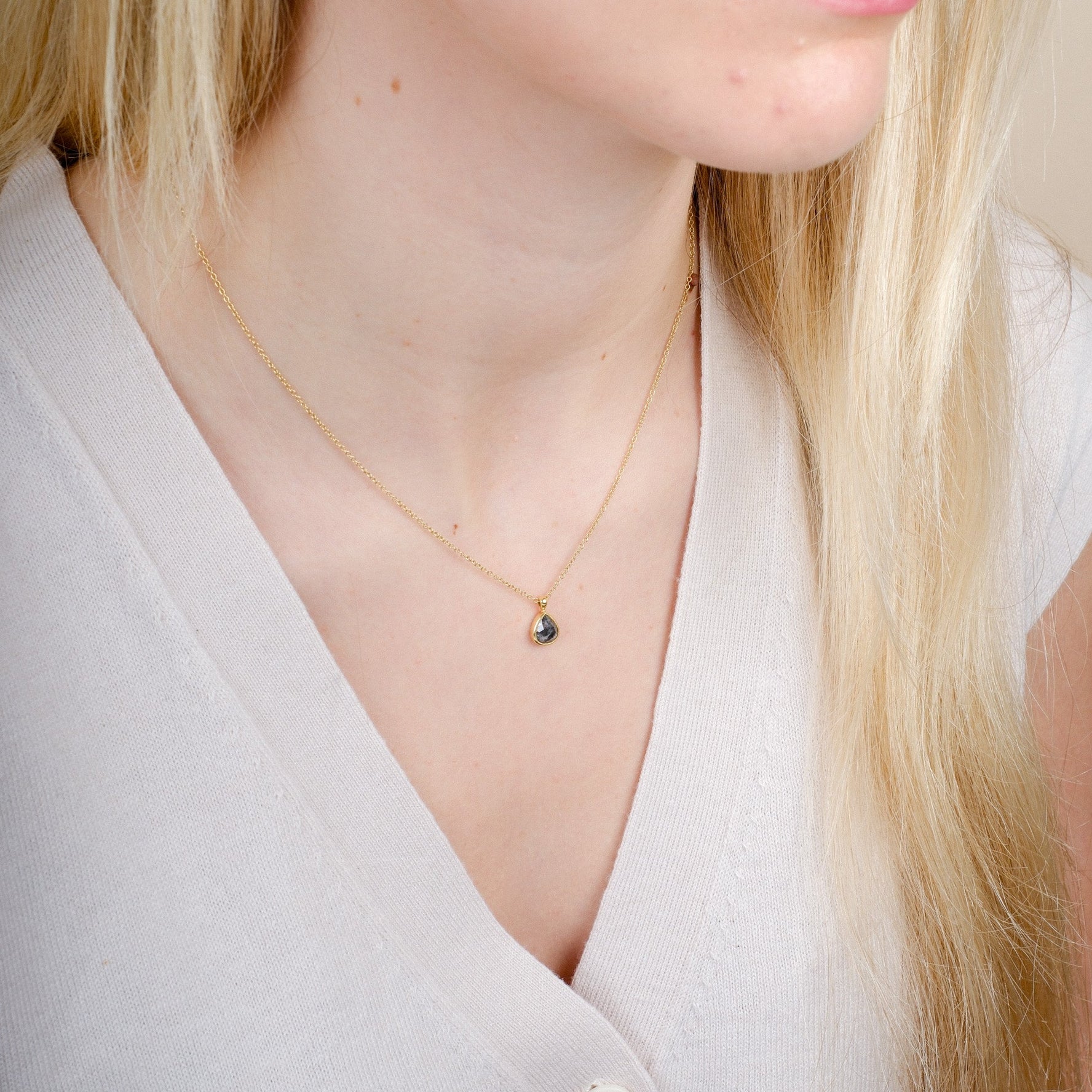 Pear Shaped Salt & Pepper Milgrain Pendant Necklace Yellow Gold