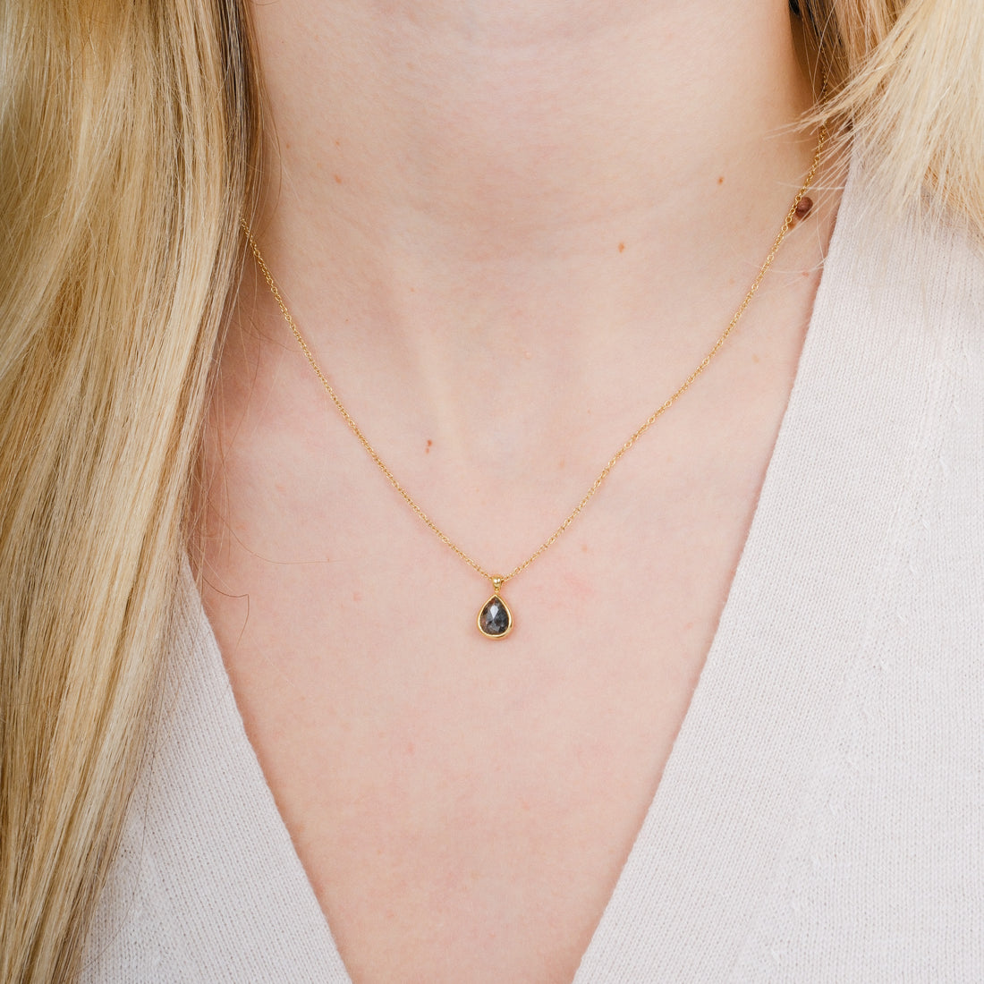 Pear Shaped Salt & Pepper Milgrain Pendant Necklace Yellow Gold