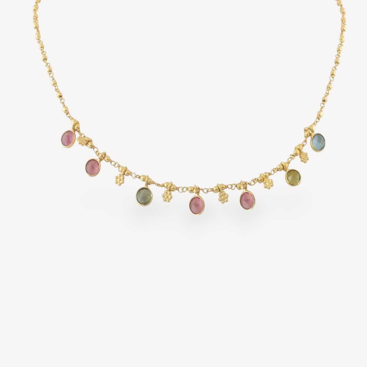 EC One Manali necklace featuring multi-coloured tourmaline gemstones and gold plated silver beads on a delicate chain.