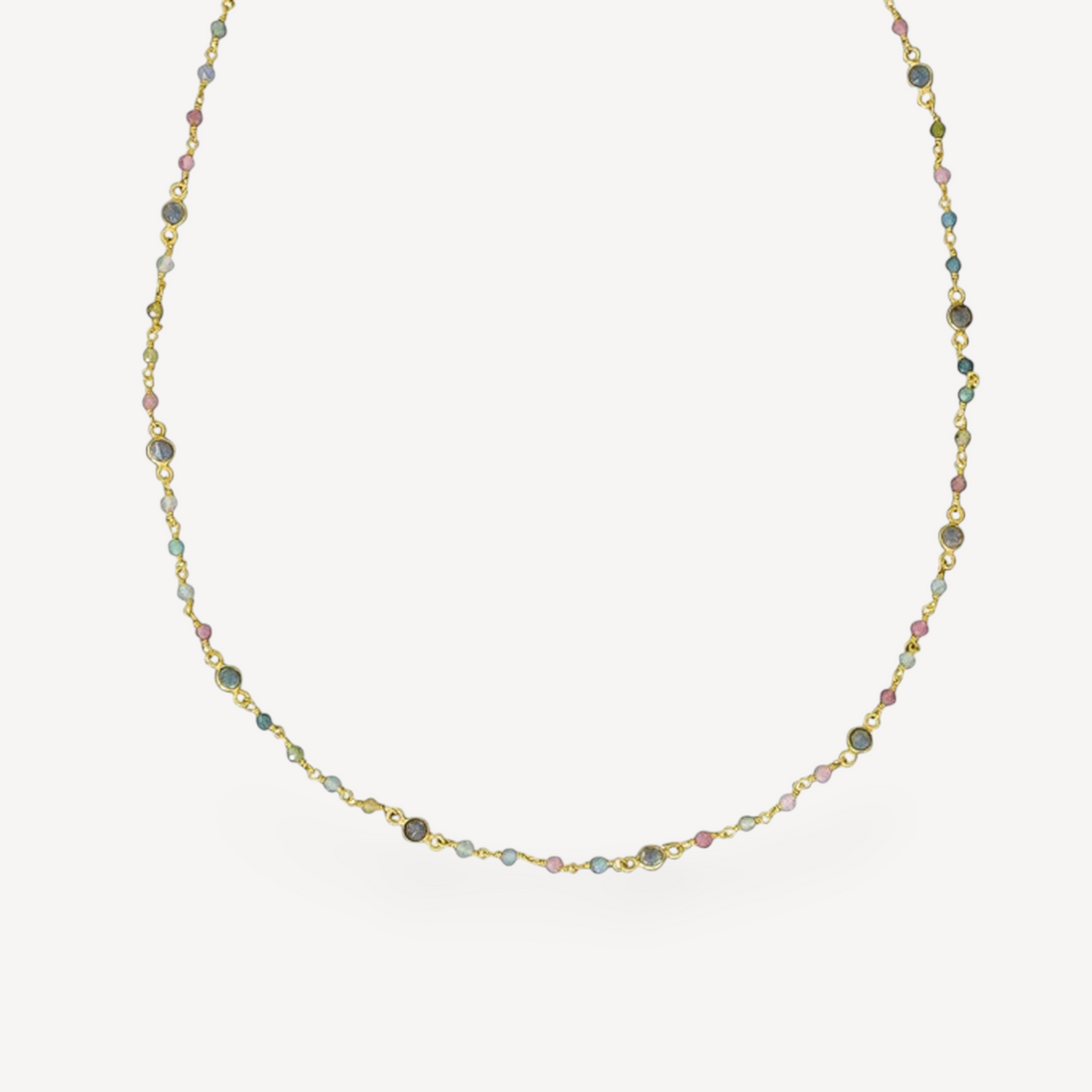 EC One Maya necklace featuring multi-coloured tourmaline and apatite beads on a gold-plated silver chain.