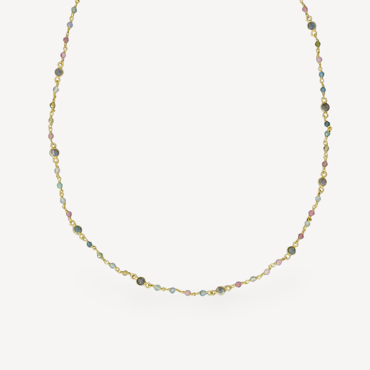EC One Maya necklace featuring multi-coloured tourmaline and apatite beads on a gold-plated silver chain.