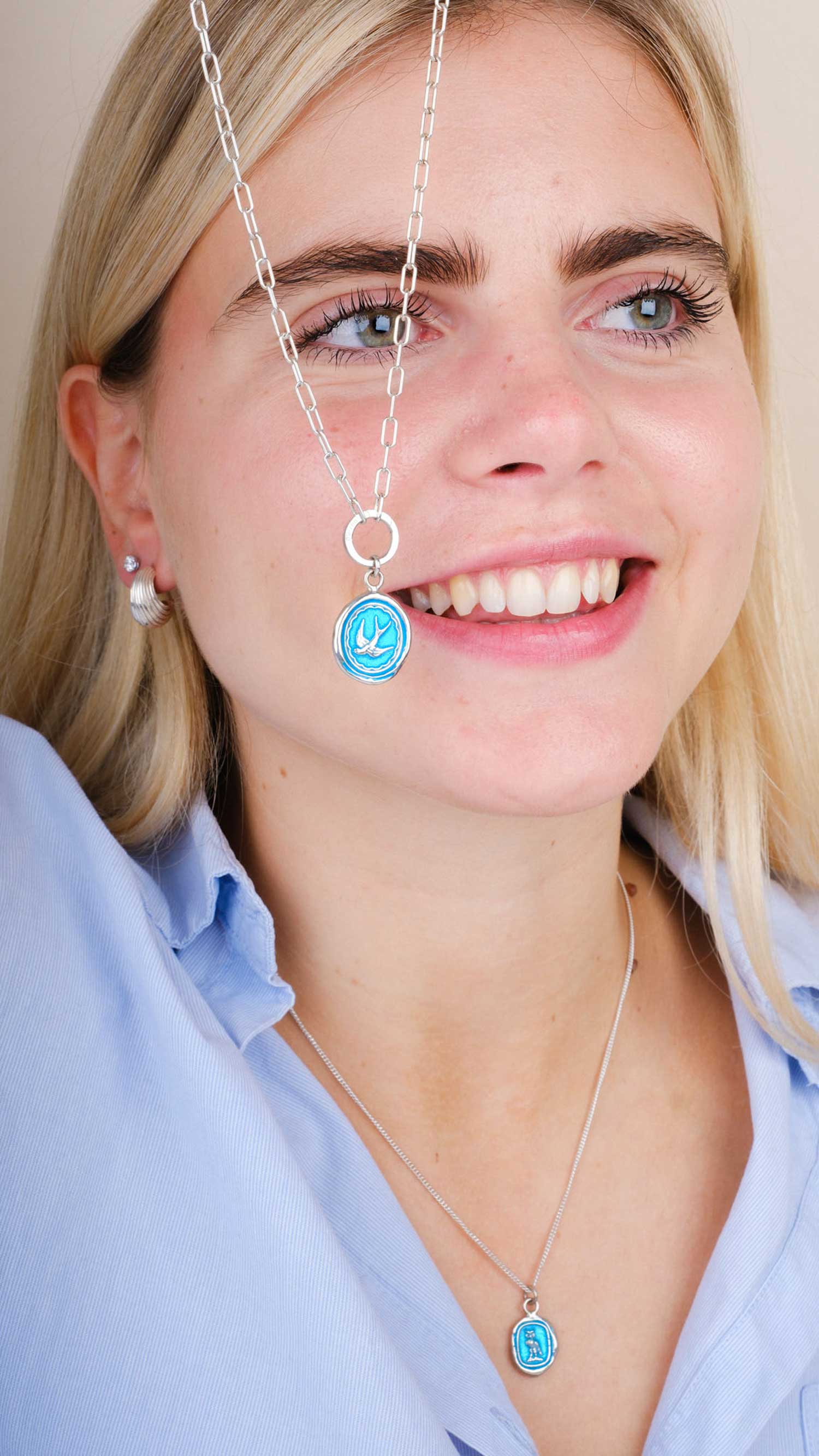 Pyrrha at E.C.One London WATCH OVER ME Talisman Silver Necklace with Blue Ceramic Detail