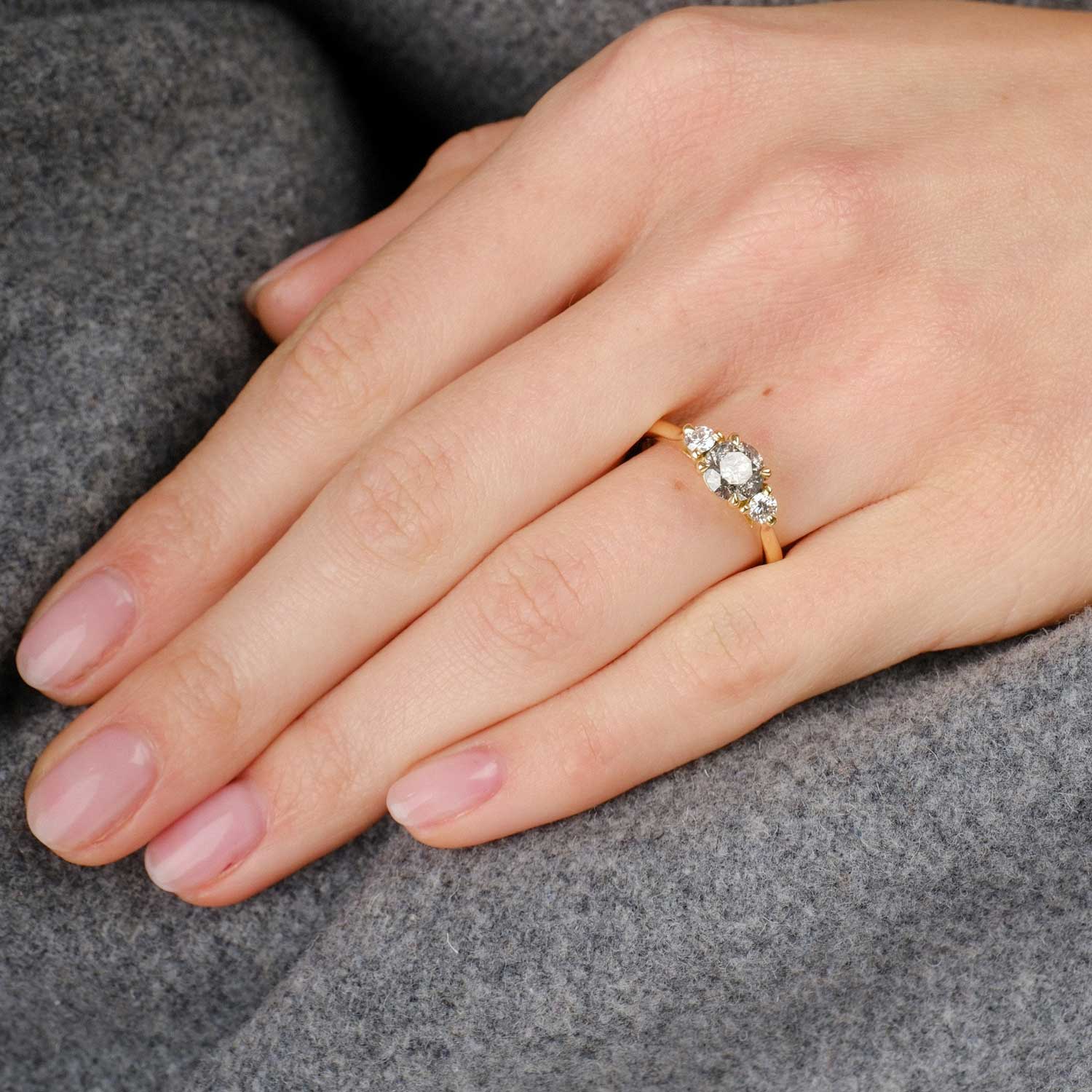 E.C.One London ethical engagement ring STELLA Round Salt and Pepper Diamond Yellow Gold Trilogy Engagement Ring