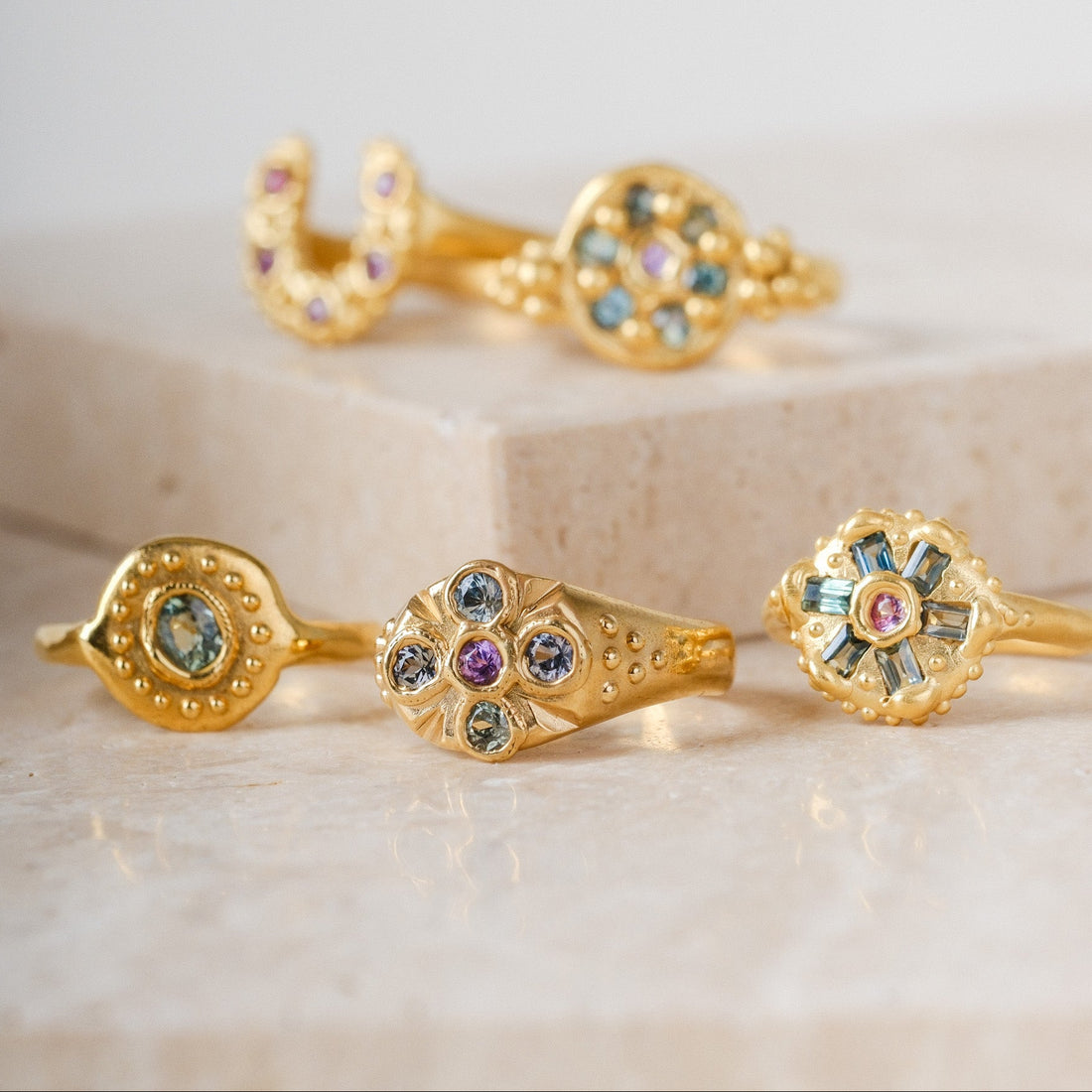 REVERE Signet Ring Green & Pink Sapphires Gold Plated