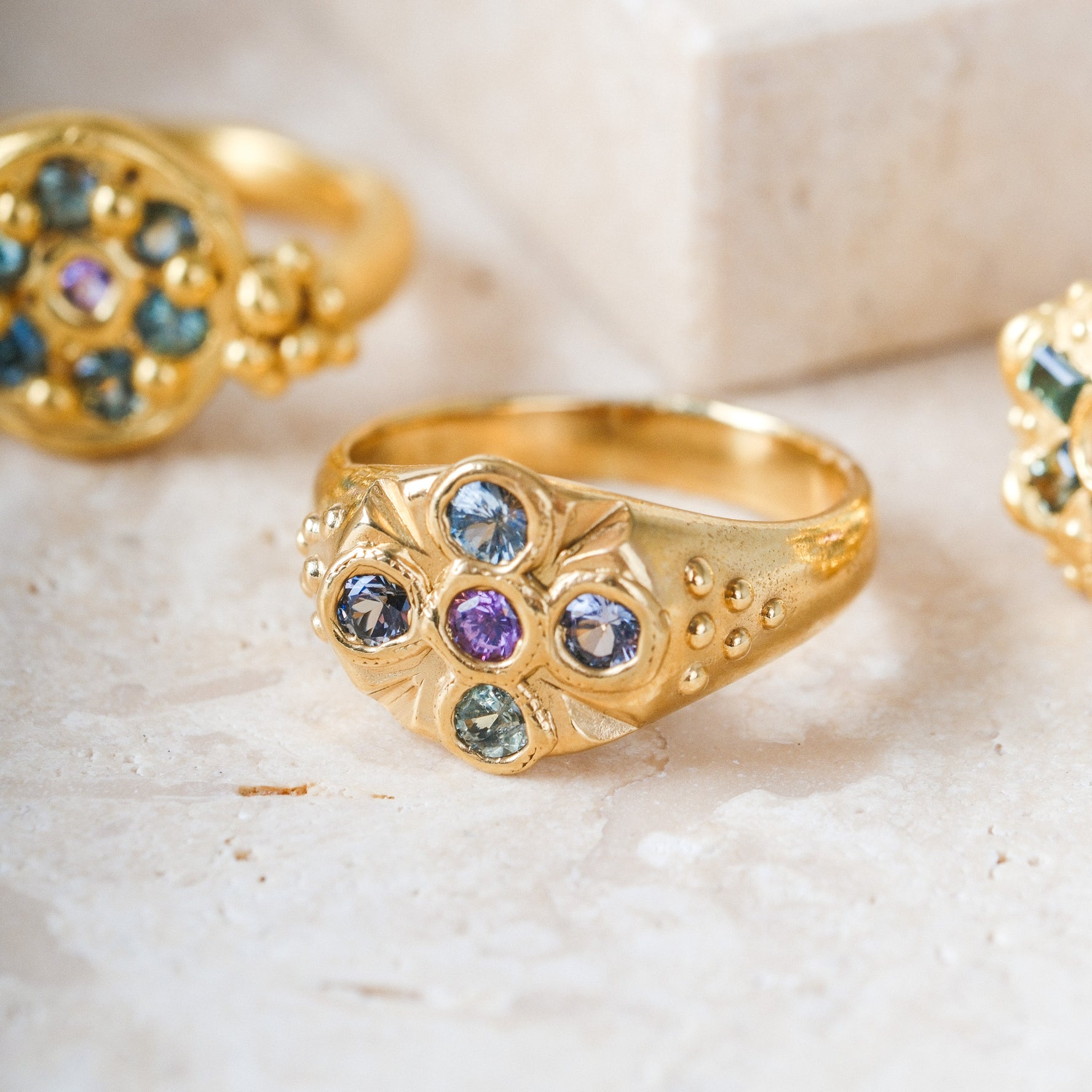 REVERE Signet Ring Green & Pink Sapphires Gold Plated