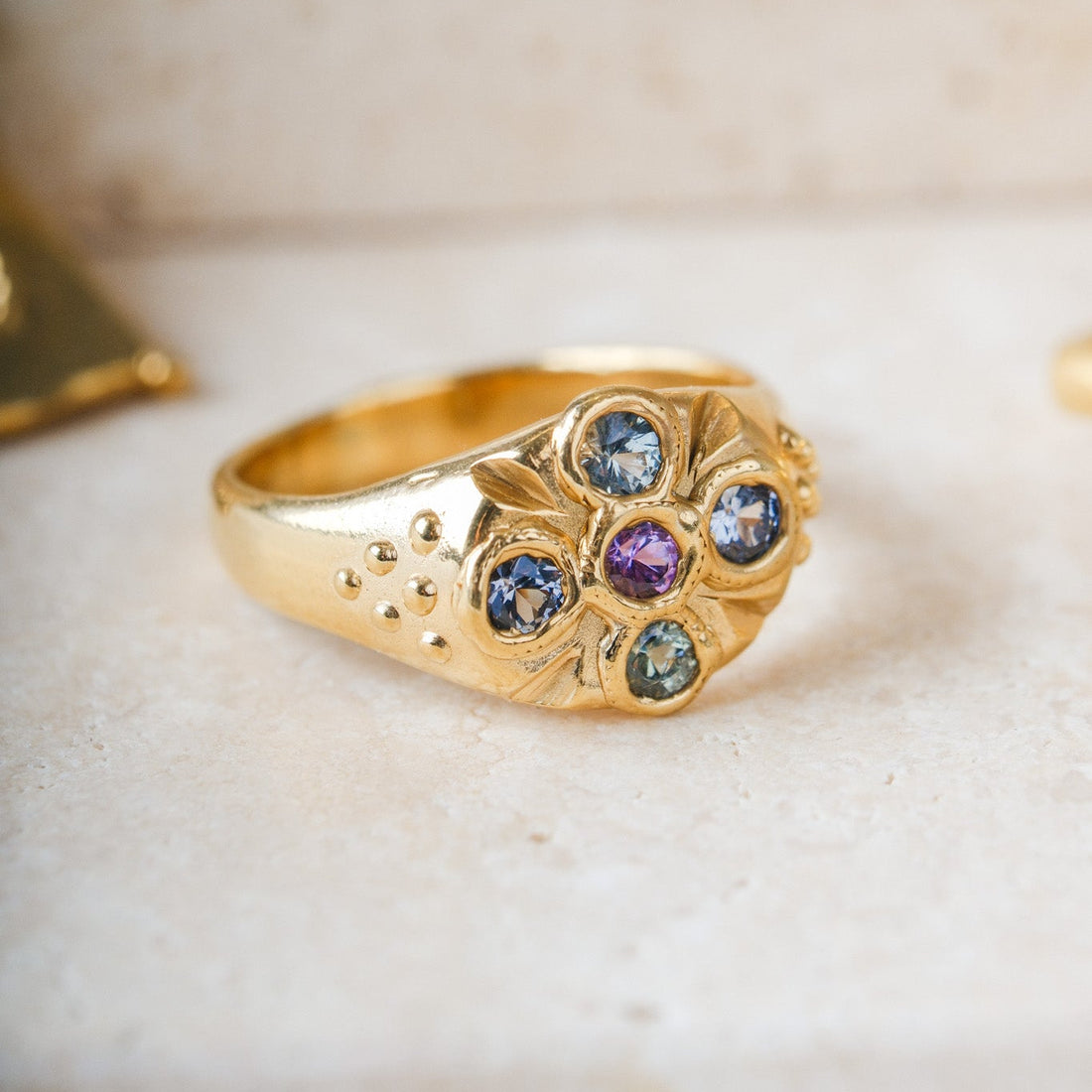 REVERE Signet Ring Green & Pink Sapphires Gold Plated