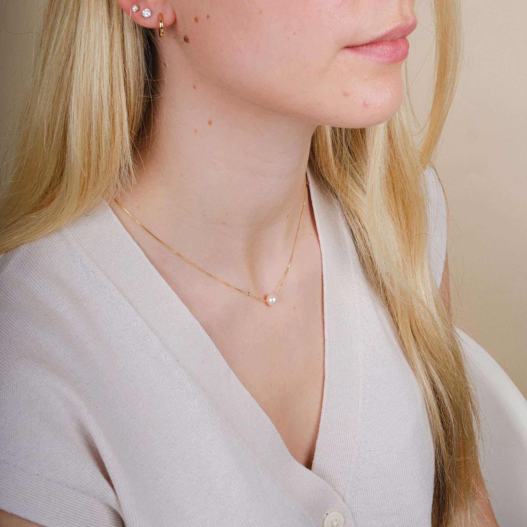 Sliding Small White Pearl Necklace Yellow Gold Chain