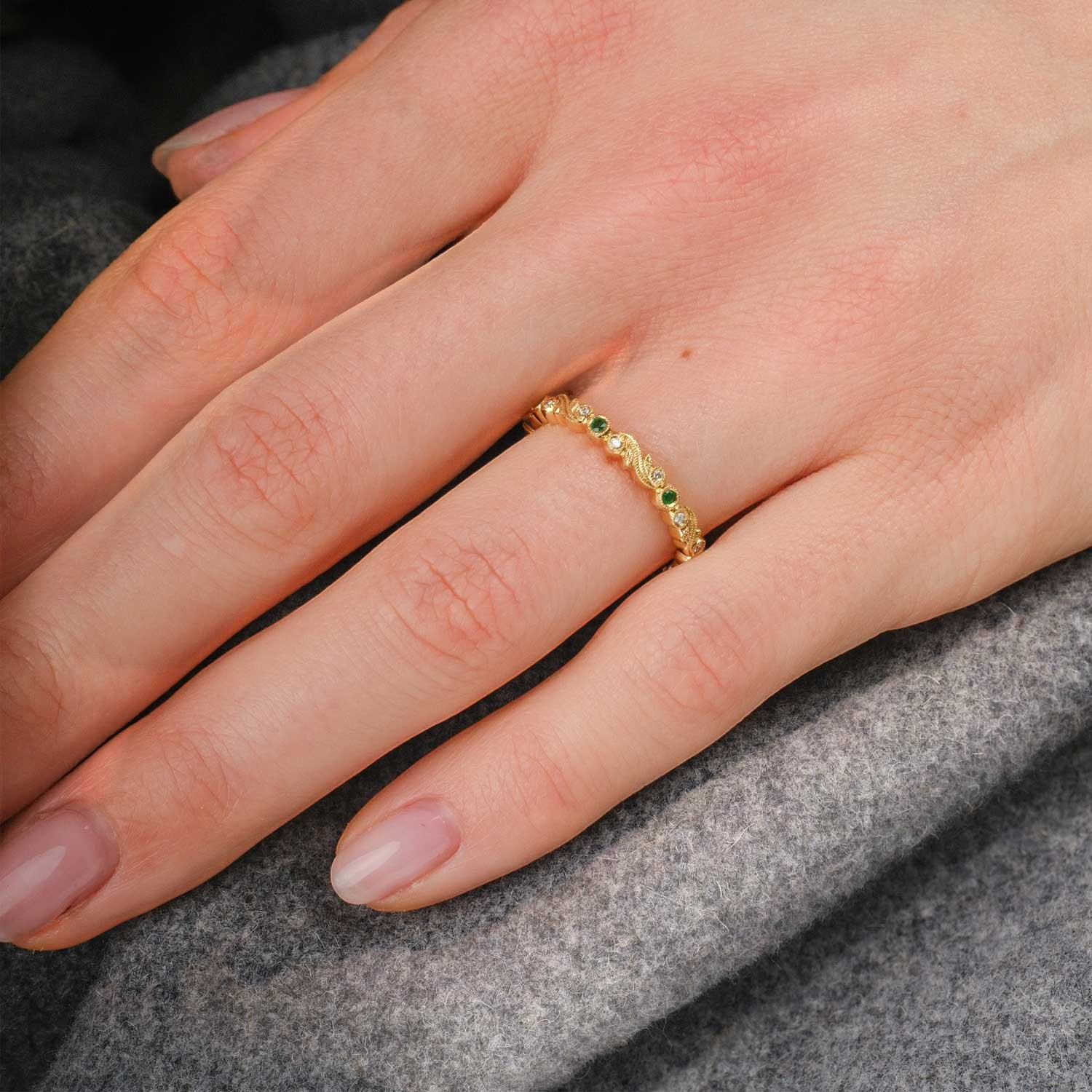 Ungar and Ungar at EC One London Skinny Floral Band in Yellow Gold with Emeralds and diamonds