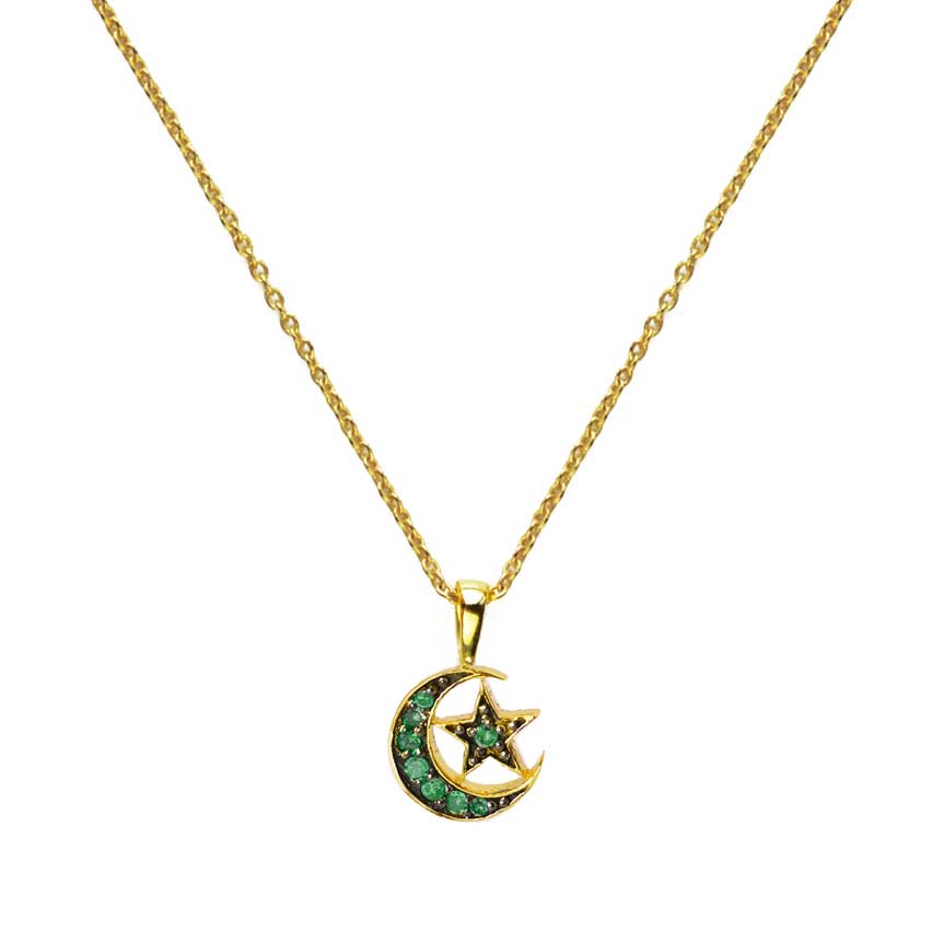 Sweet Marie Moon & Star Pendant Necklace with Emerald at ethical jeweller EC One London