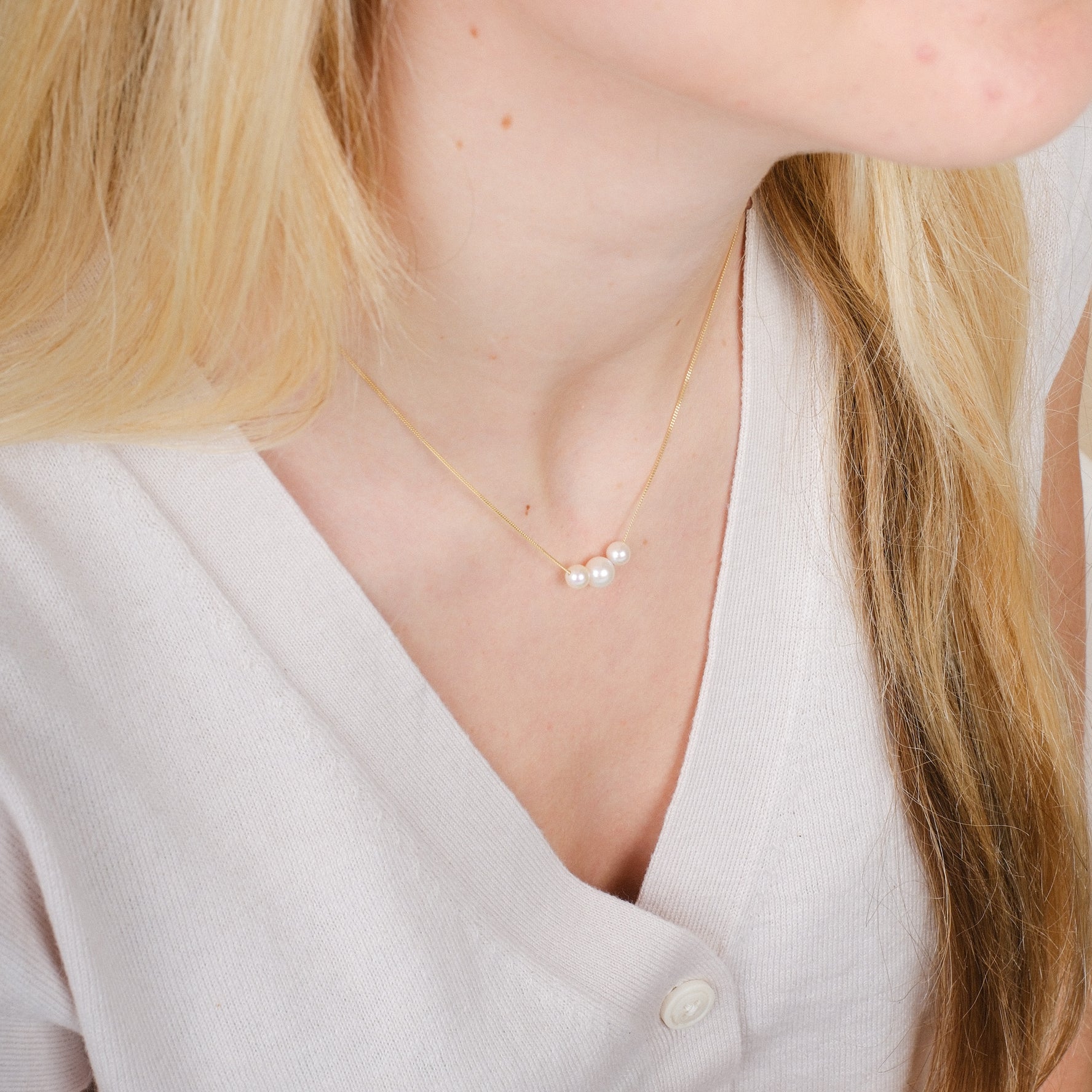 Trio White Pearl Gold Necklace