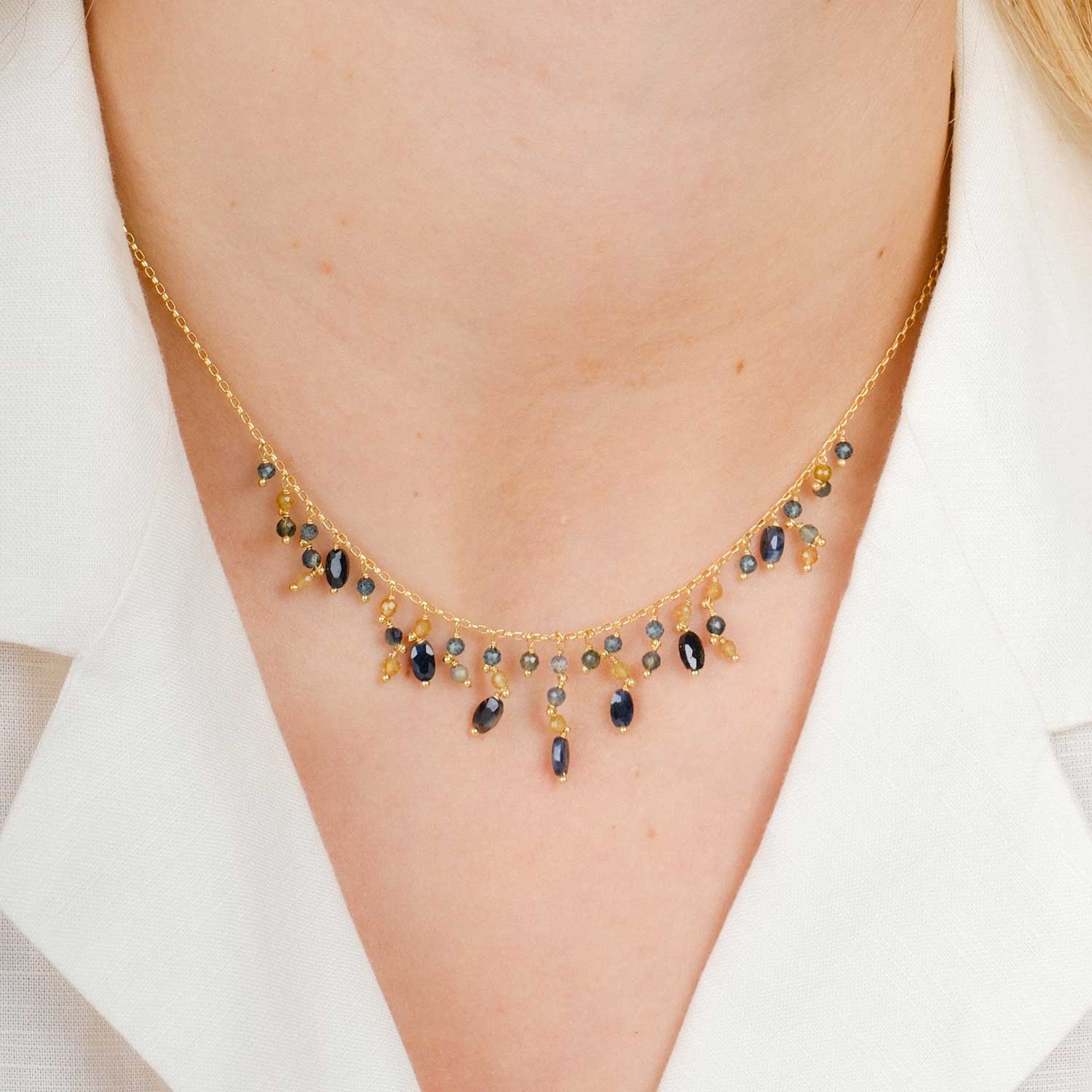 BRINA Necklace with Blue Sapphires & Gemstones at ethical B Corp jeweller E.C.One London