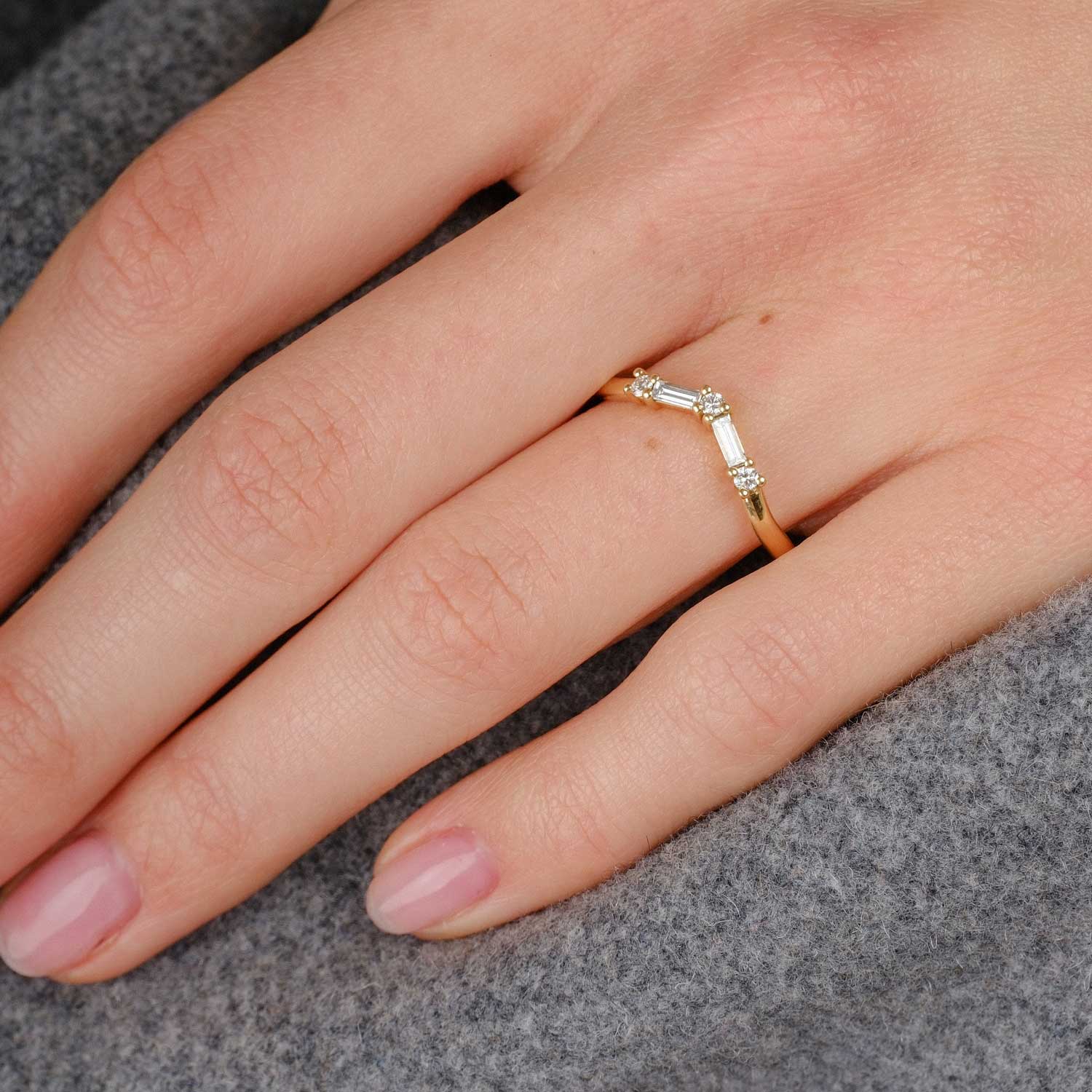 EC One Baguette & Round Diamond V-shaped Wedding Ring Recycled Yellow Gold made in our B Corp certified London workshop with conflict-free diamonds