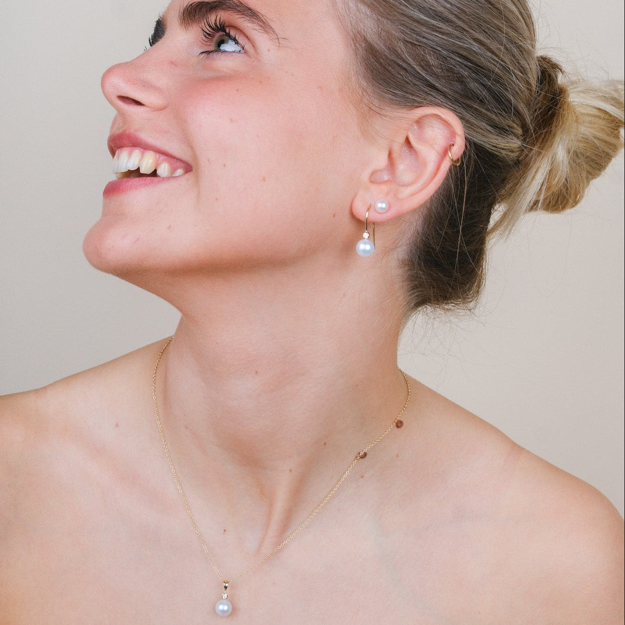 White Pearl and Diamond Gold Hook Earrings
