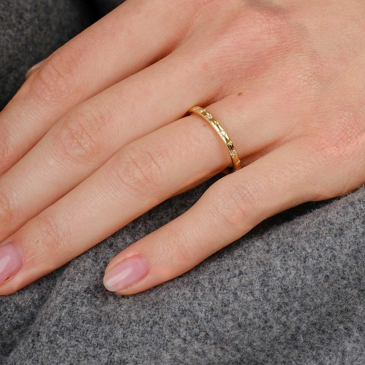 E.C. One NANCY Gold Wedding Ring with Engraved & Diamond Detailing made in our B Corp London workshop