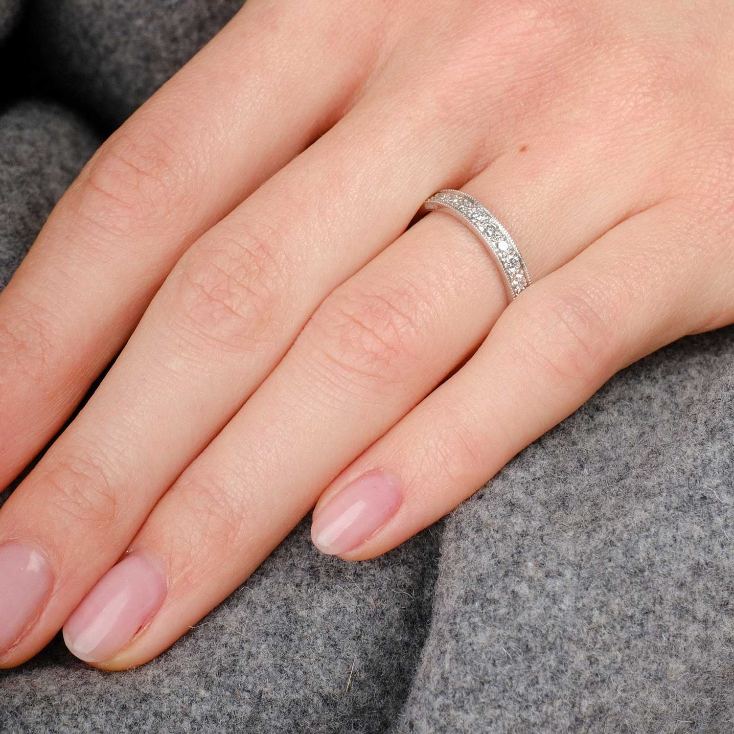 EC One wide Emma diamond pave eternity ring recycled white gold and conflict free diamonds  made in our B Corp London workshop