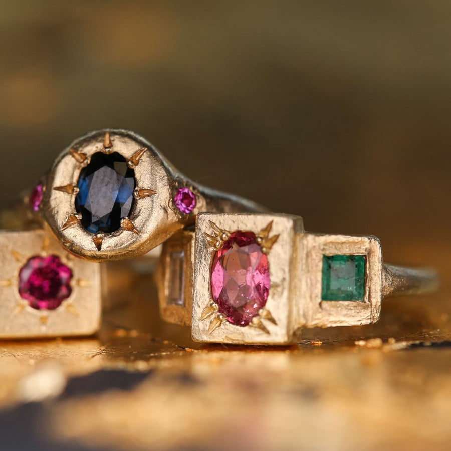 Ada Hodgson STEPPING STONES Ring with Tourmaline, Sapphire & Emerald Yellow Gold at ethical jewellers E.C. One London