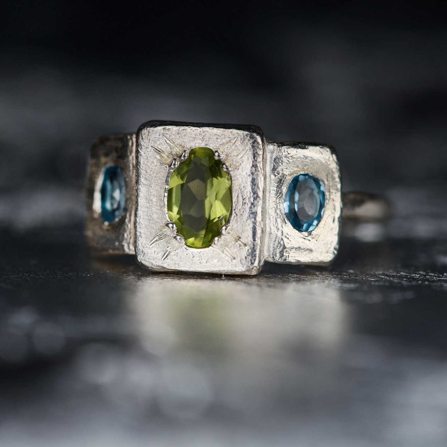 Ada Hodgson BERRY ring with Oval Peridot and Swiss Blue Topaz Silver at ethical jewellers E.C. One London