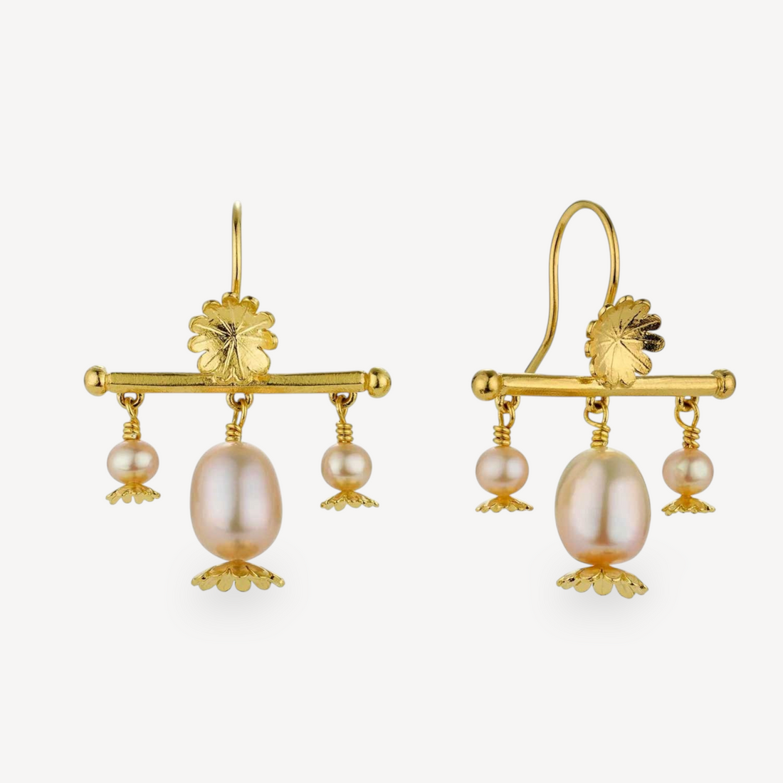 Poppy Head Chandelier Drop Earrings with Pink Pearls Gold Plated
