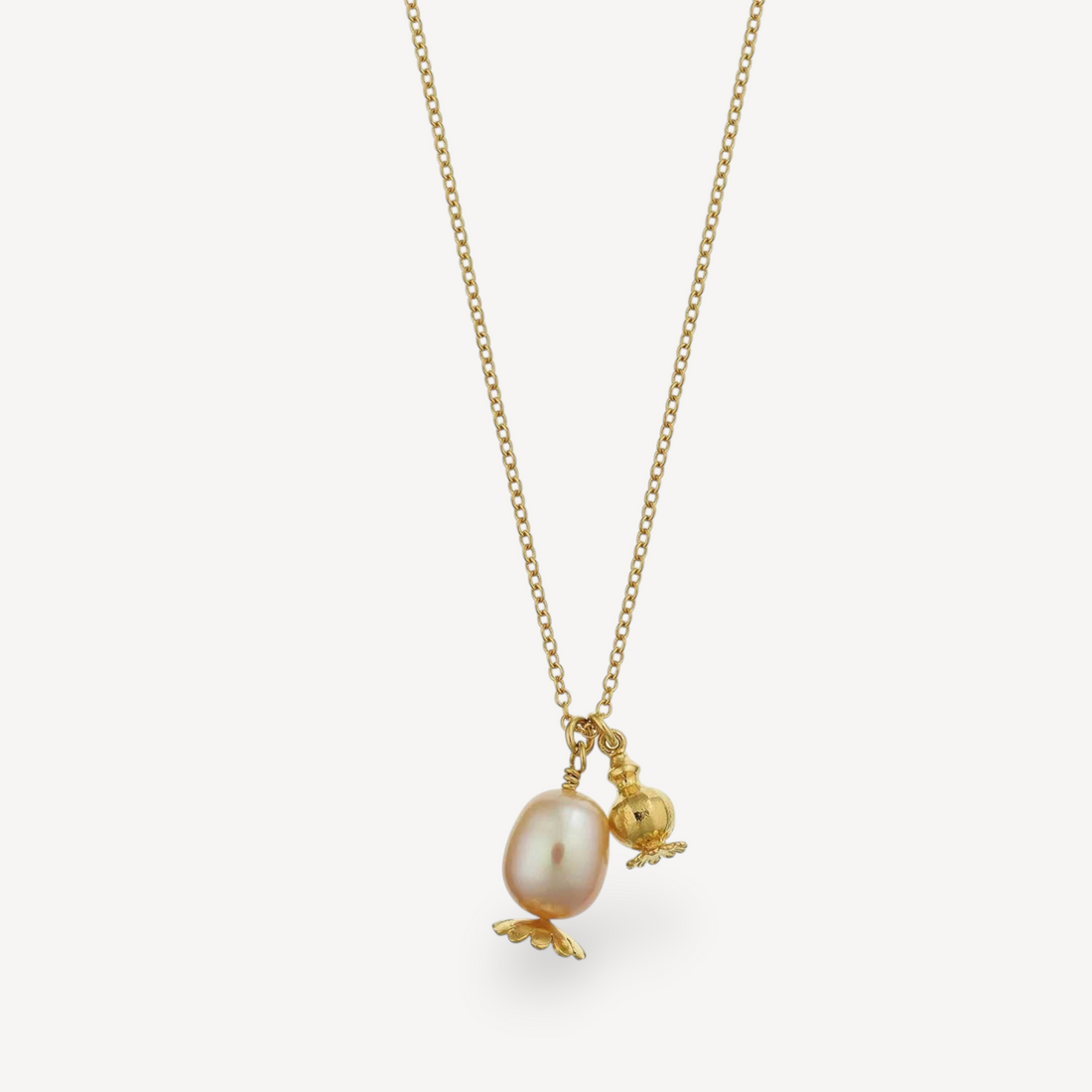Double Poppy Seed Head Charm Necklace with Pink Pearl Gold Plated