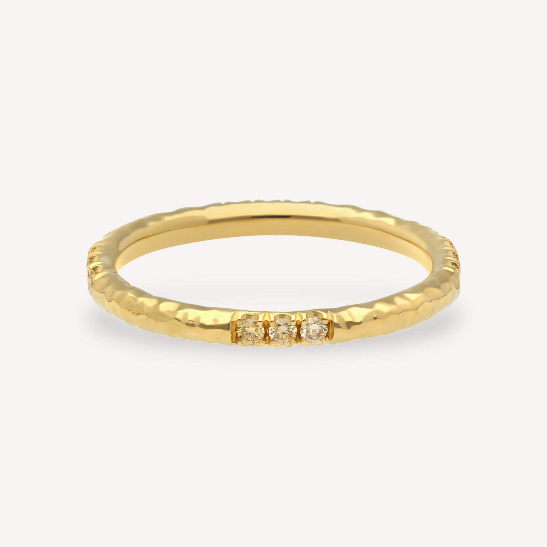 ALICE Yellow Gold Hammered Wedding Ring with 12 Champagne Diamonds