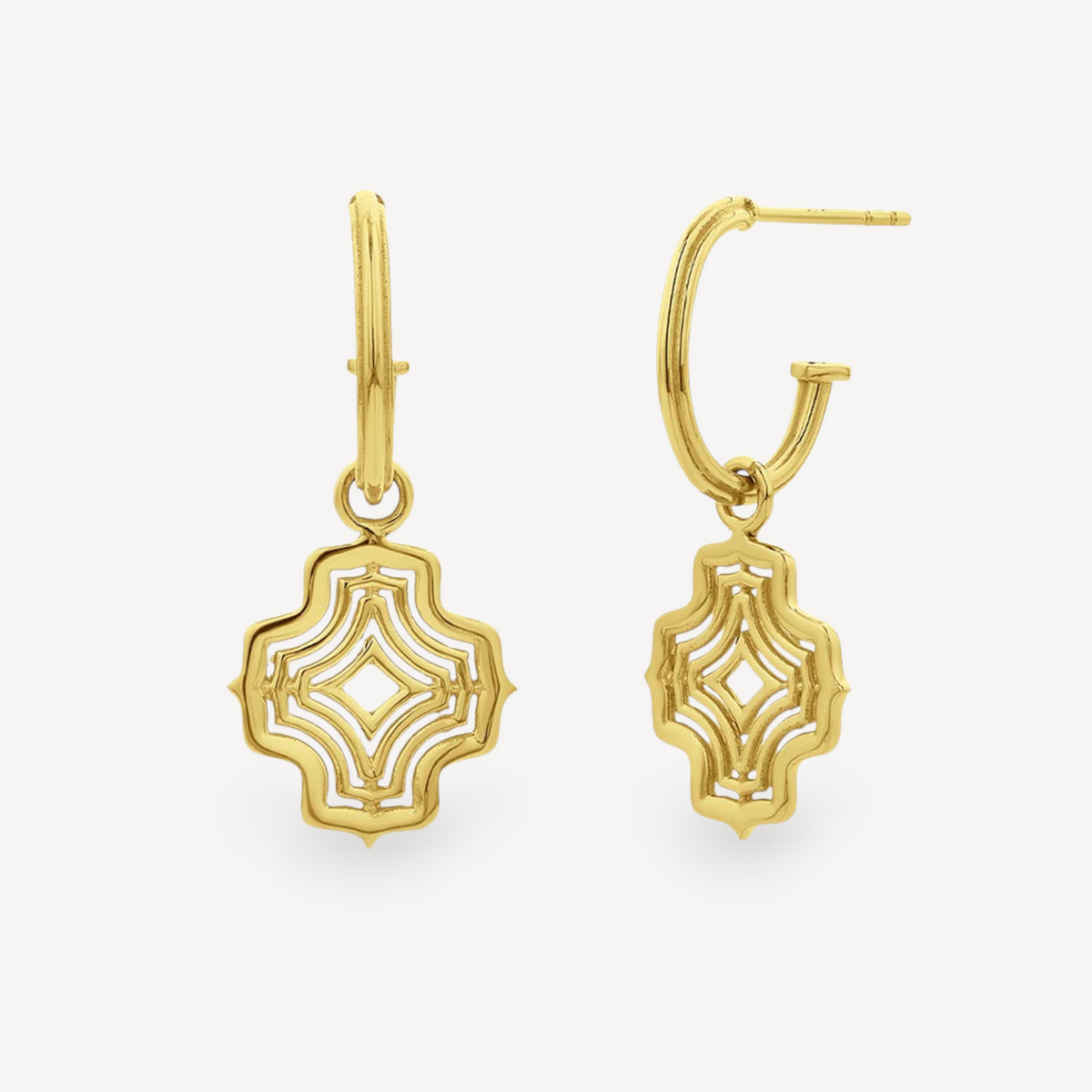 EC One ALMA gold plated hoop earrings featuring intricate geometric cut-out charms on a white background.