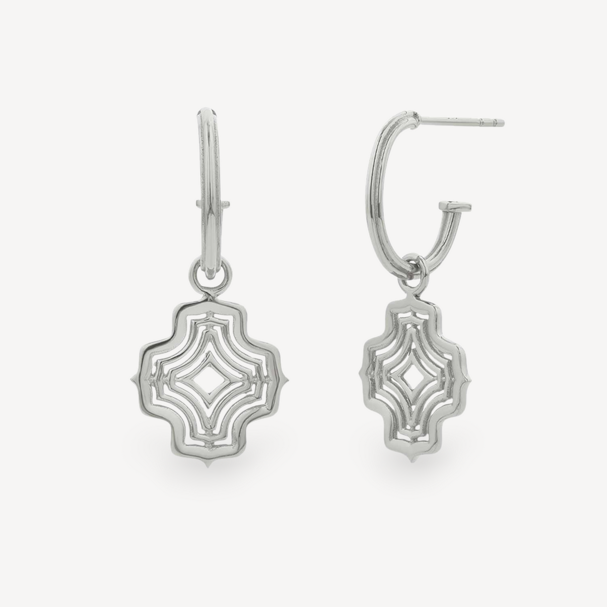 EC One ALMA silver hoop earrings featuring a decorative geometric openwork charm on a delicate circular hoop