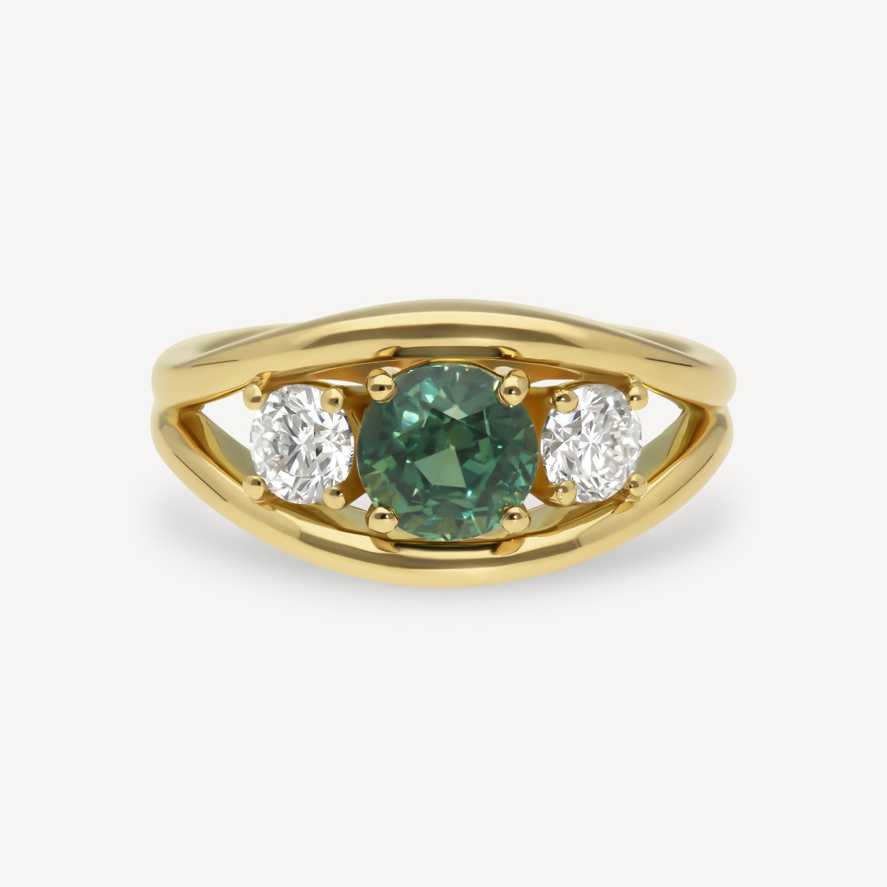 ANNA Teal Sapphire and Diamond Yellow Gold Trilogy Engagement Ring