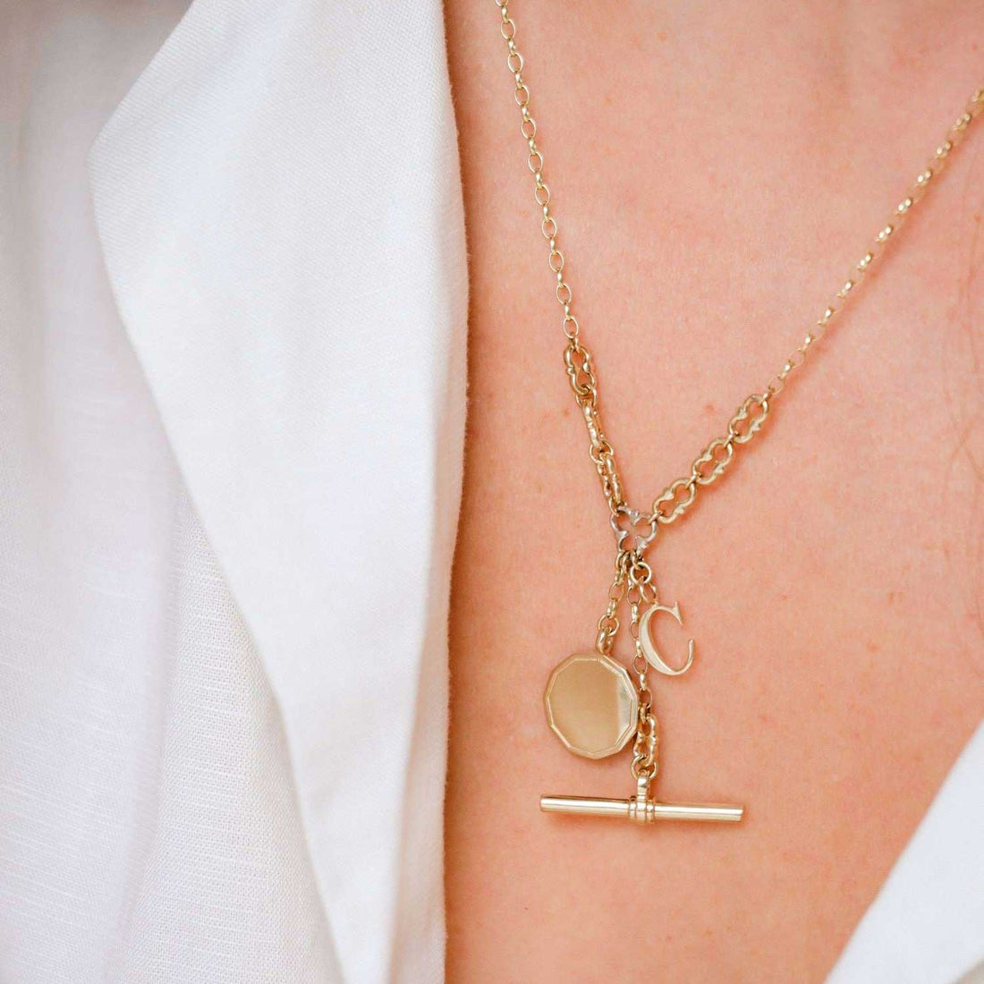 MYDDELTON Necklace Yellow Gold with White Gold Detail, T-Bar & Charms by ethical London B Corp jeweller E.C.One