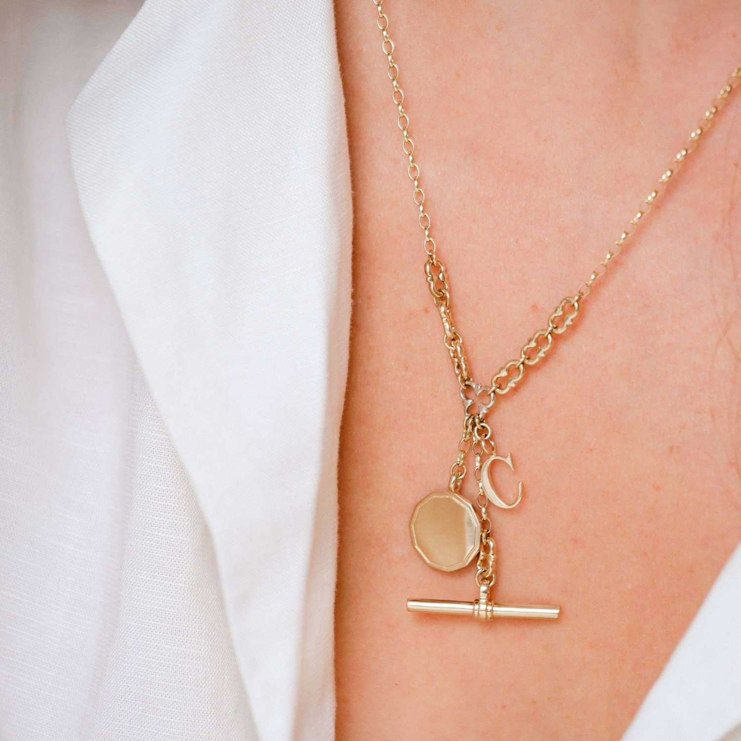 MYDDELTON Necklace Yellow Gold with White Gold Detail, T-Bar & Charms by ethical London B Corp jeweller E.C.One