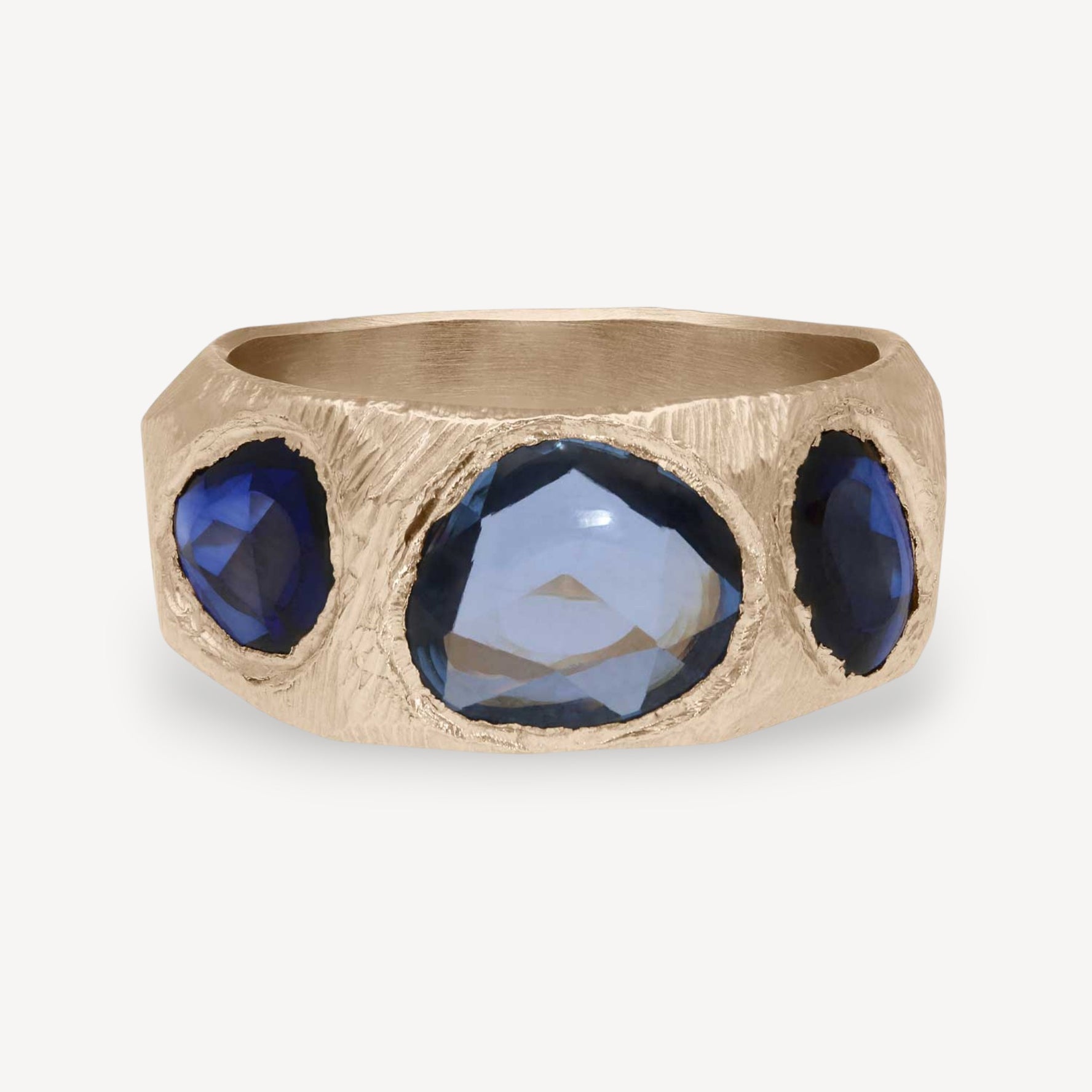 CARVED Gold Ring with 3 Blue Sapphires