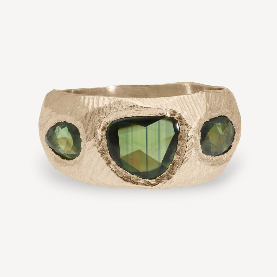 CARVED Gold Ring with 3 Green Sapphires