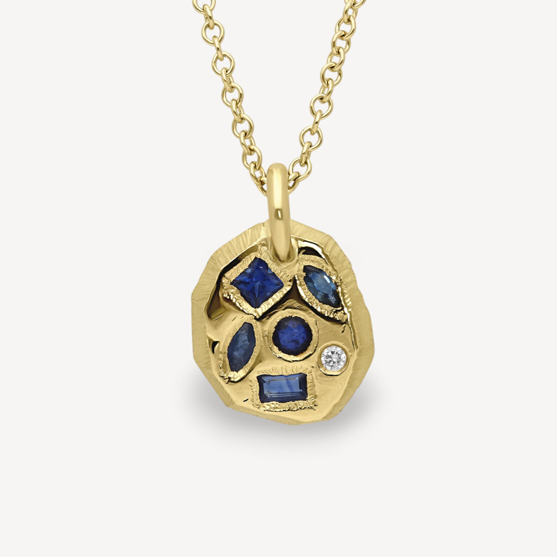 CARVED Pendant Necklace Gold with Blue Sapphires & Diamond