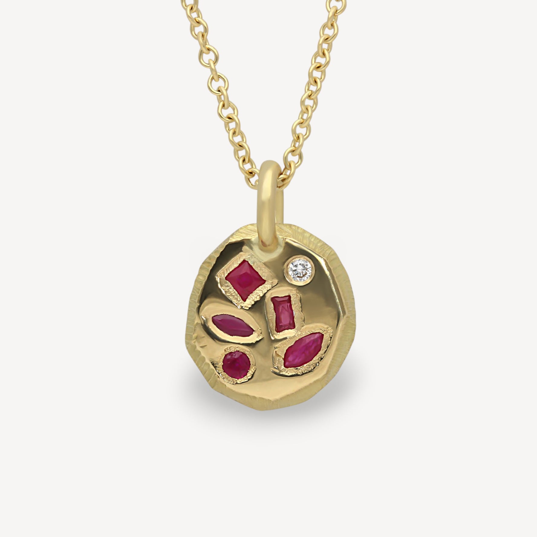 CARVED Pendant Necklace Gold with Rubies & Diamond
