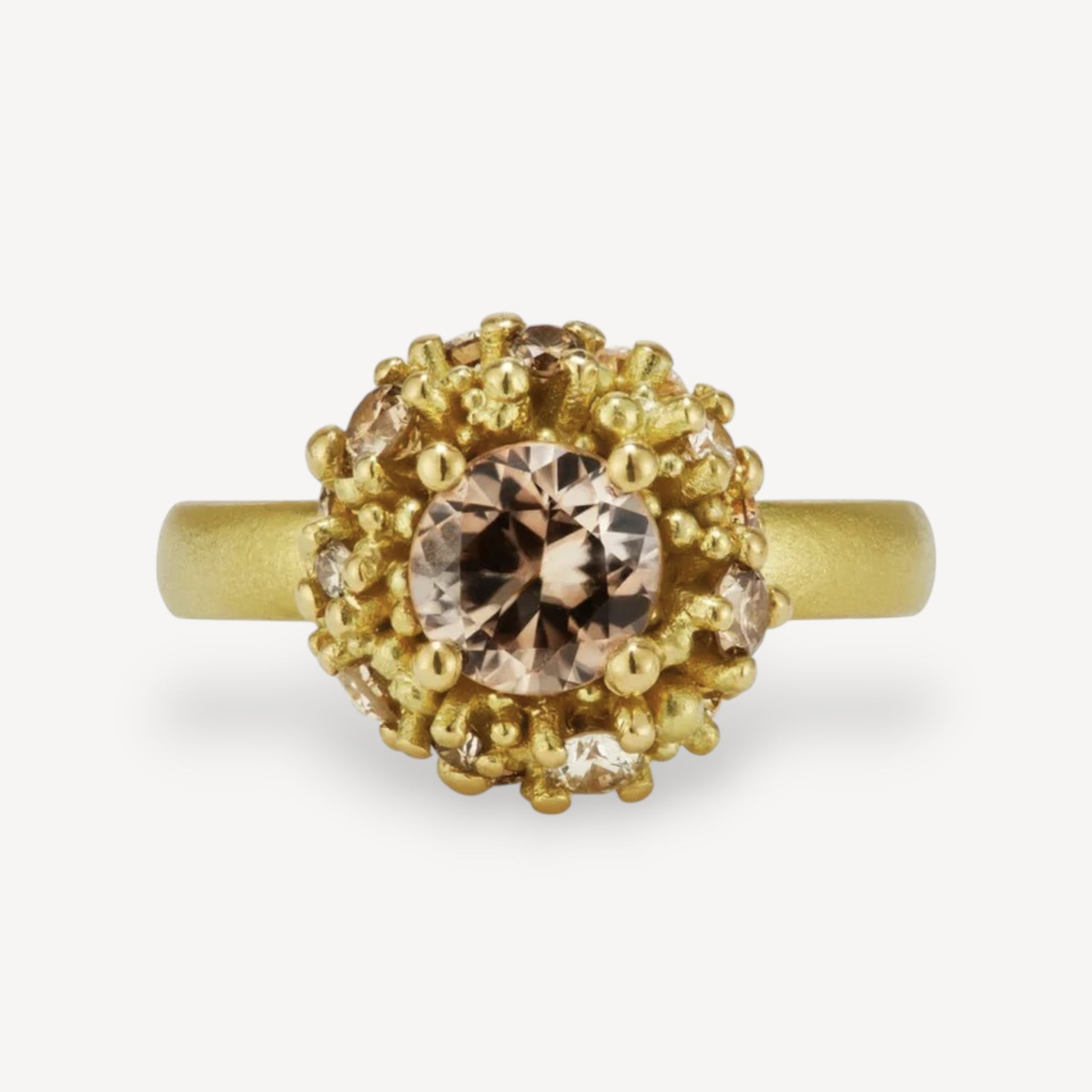 Peach Zircon and Champagne Diamond Bombe Gold Ring by Hannah Bedford at ethical jeweller E.C.One London