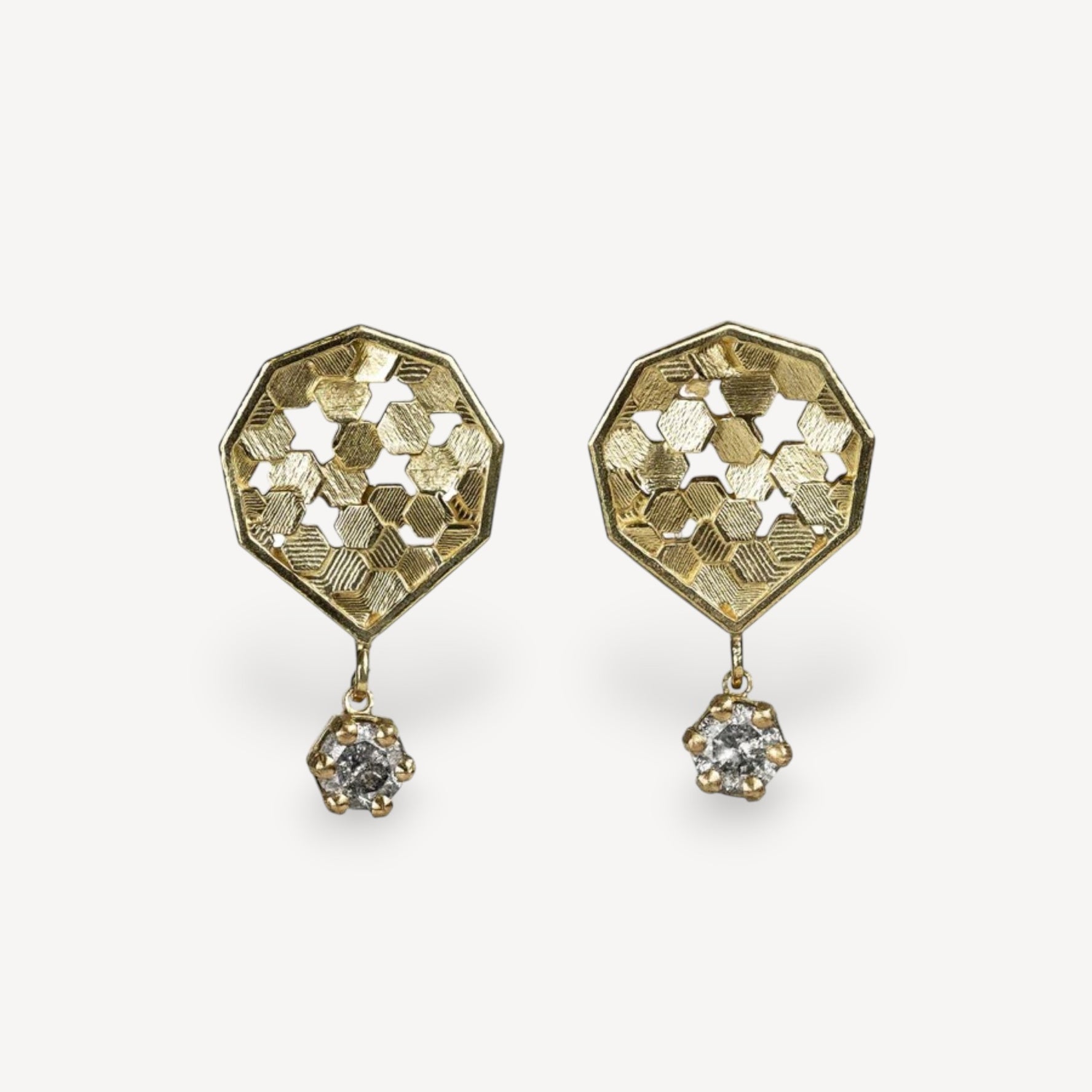 CHAOS HEX Drop Earrings Yellow Gold with Salt & Pepper Diamonds