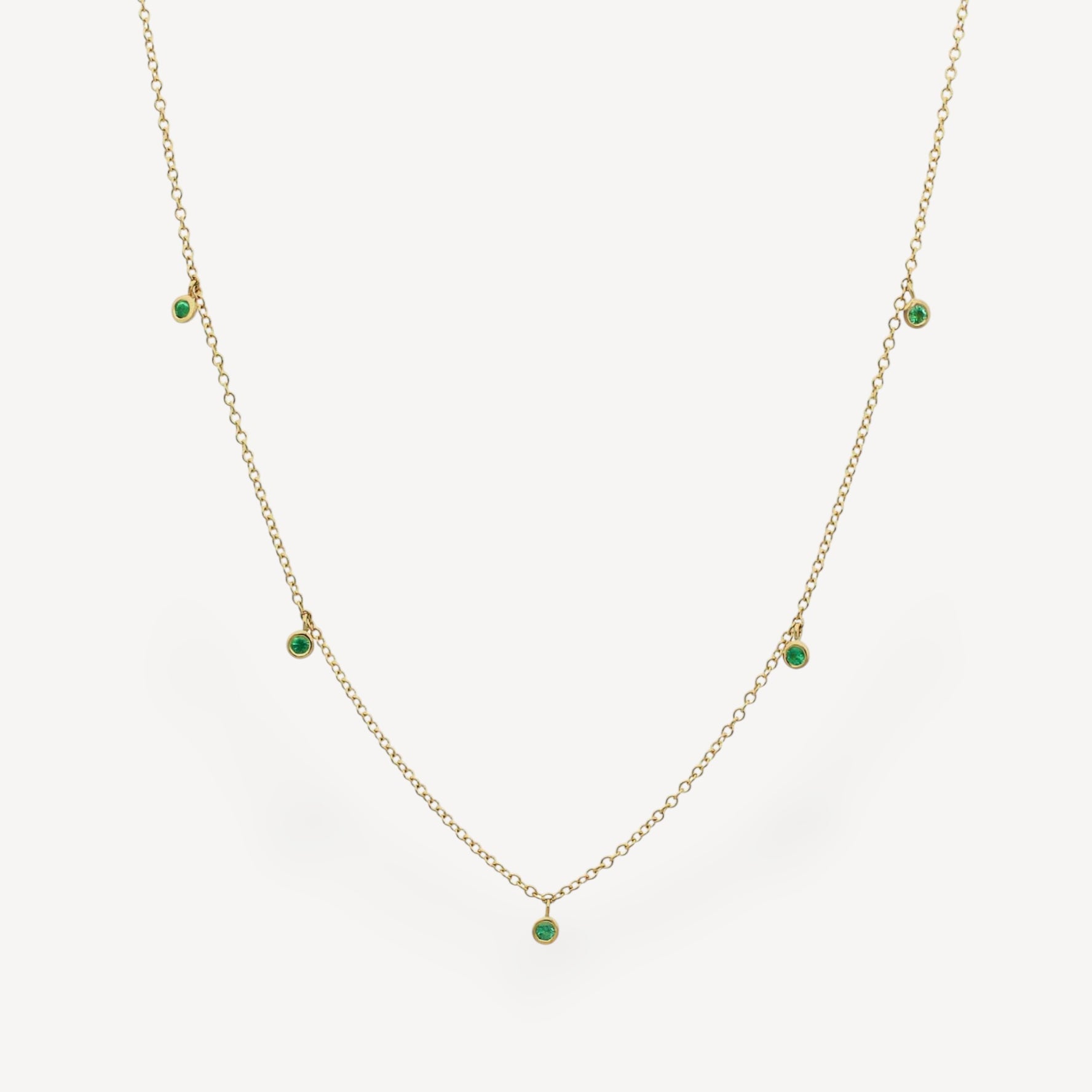 Dainty Gold Necklace with Five Hanging Emeralds