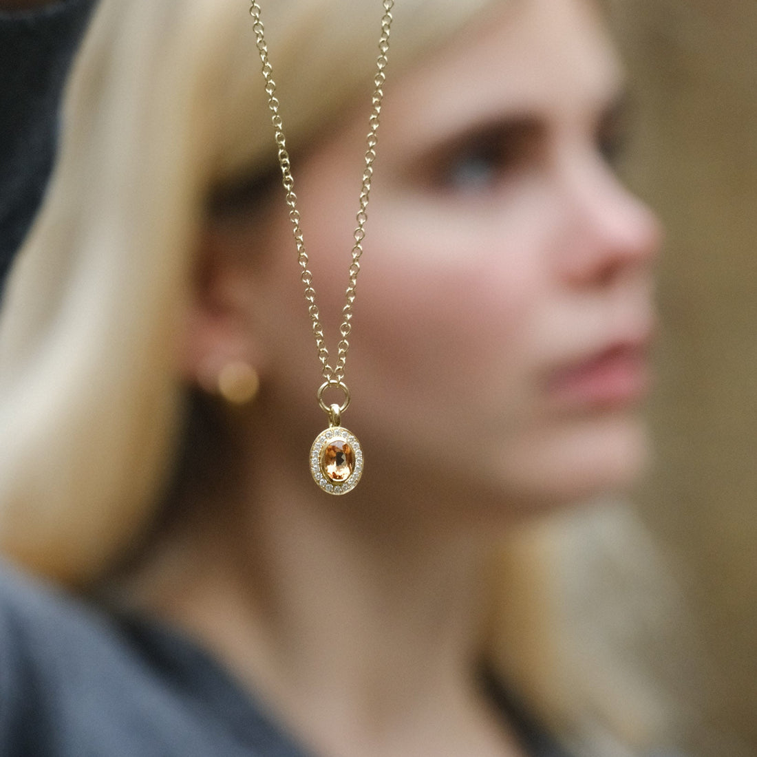 FRAME Large Framed Golden Topaz Gold Necklace with Diamond Halo