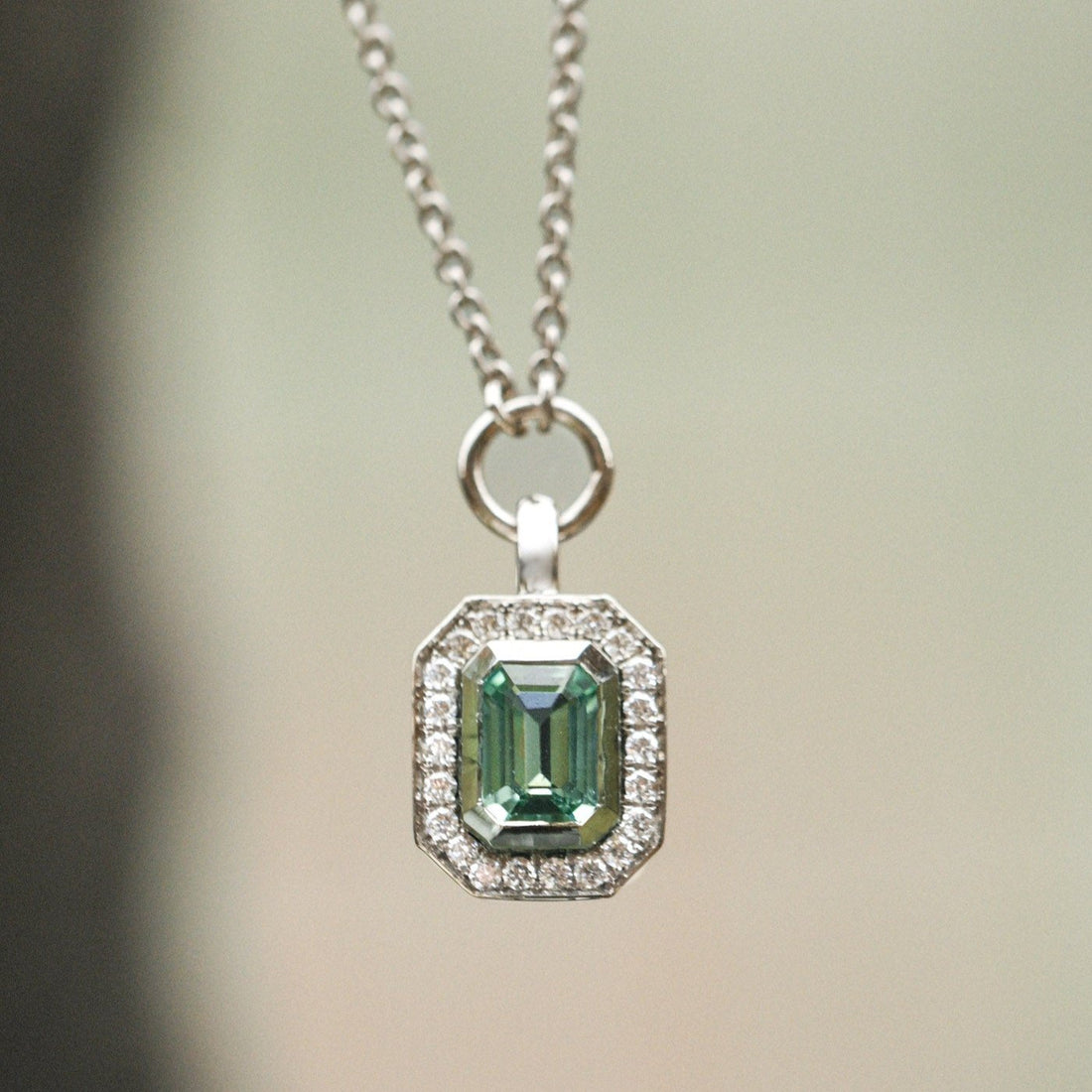 FRAME Mint Tourmaline Platinum Necklace with Diamond Halo